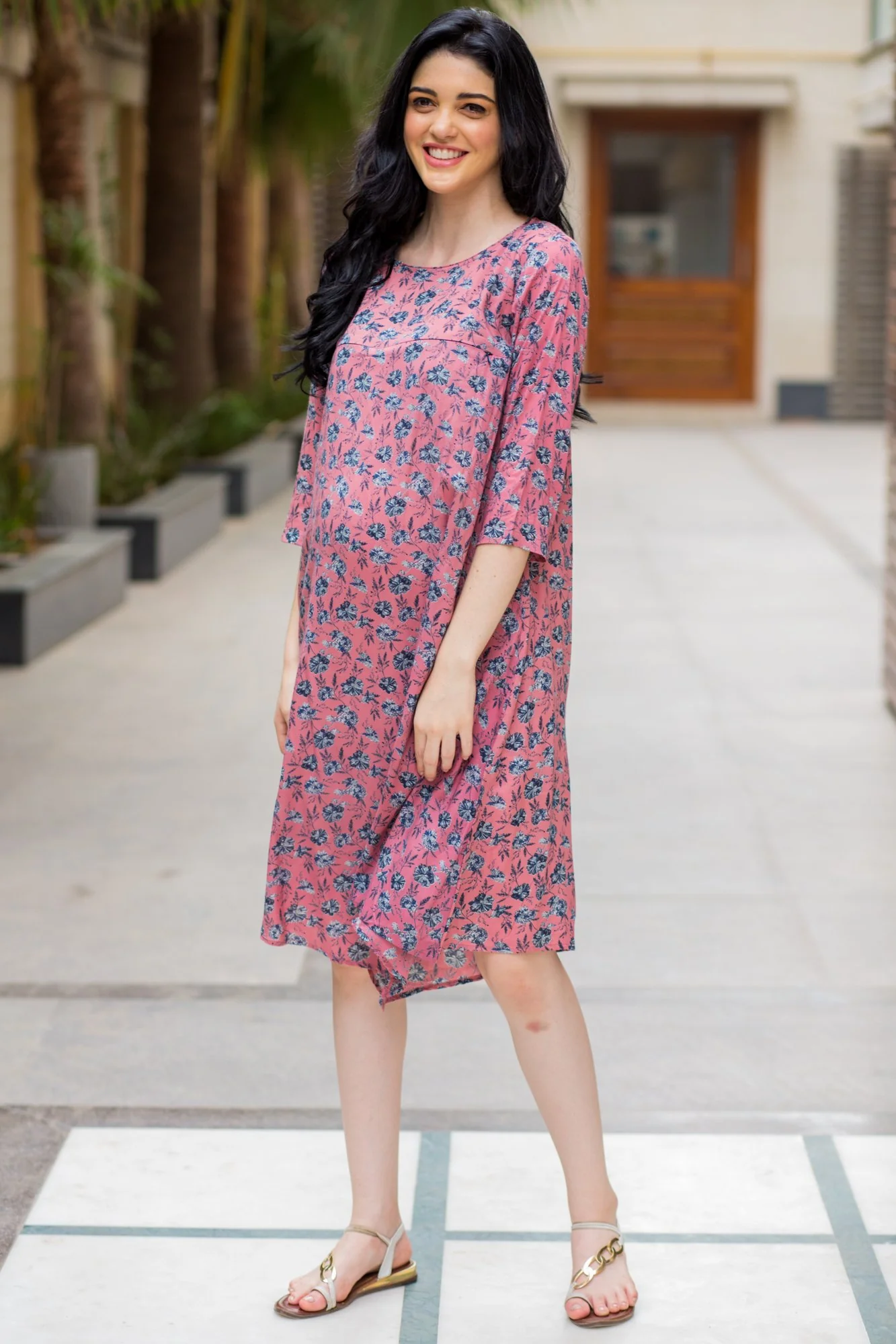 Peachy Floral Maternity & Nursing Horizontal Zip Dress - Chenance