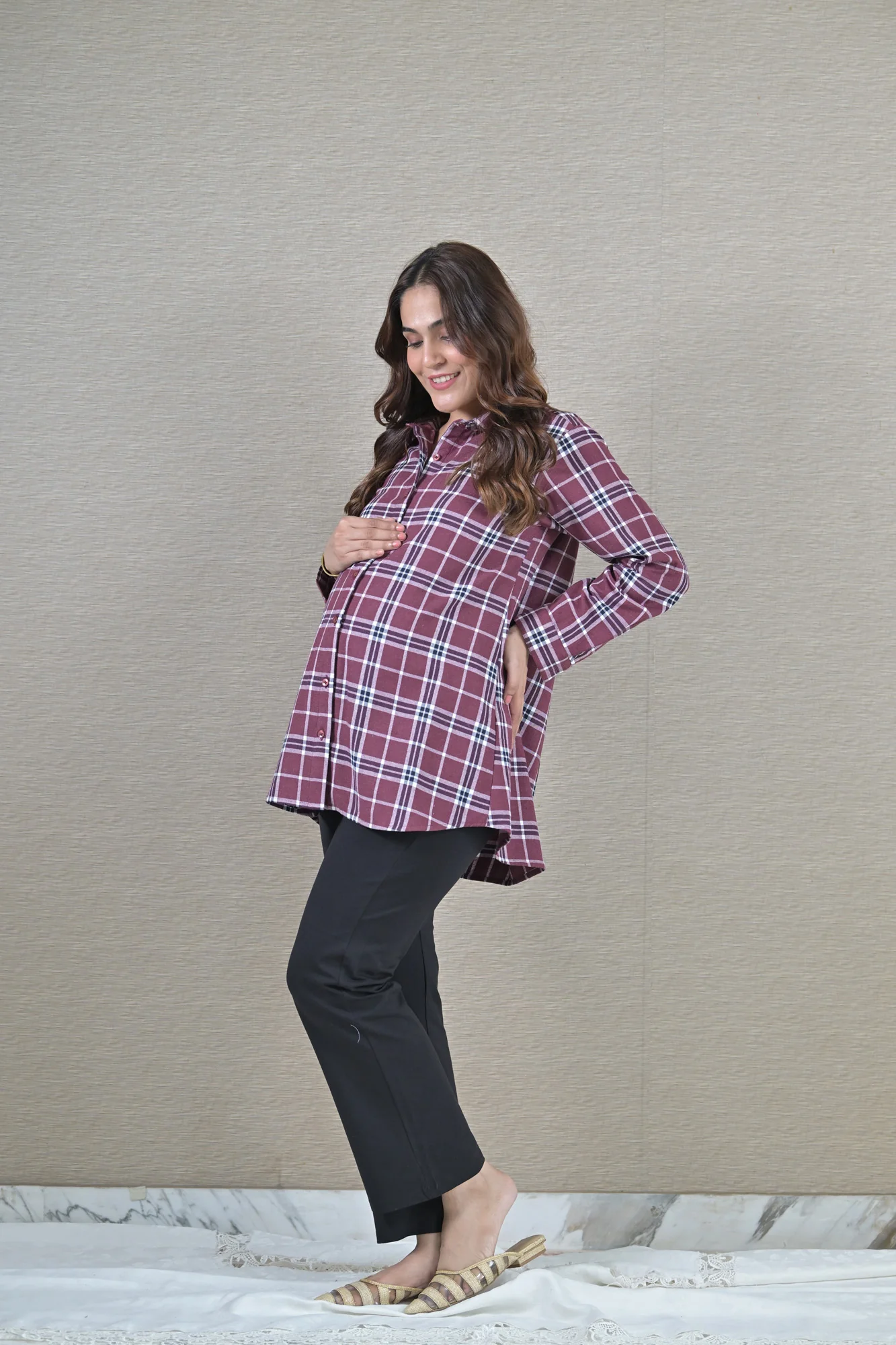 Sangria Check Maternity & Nursing Top - Chenance