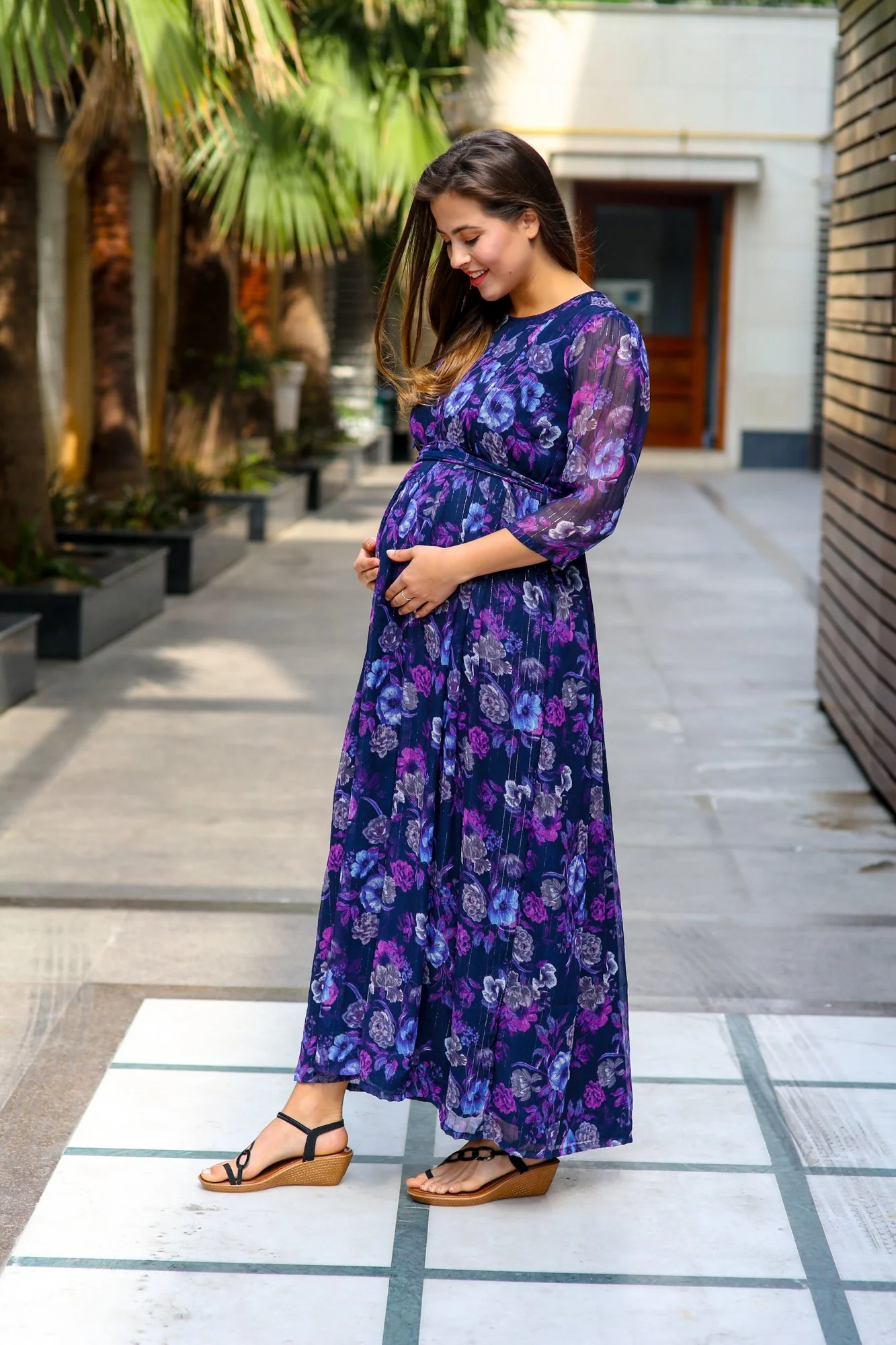 Luxe Chiffon Violet Floral Maternity & Nursing Dress - Chenance