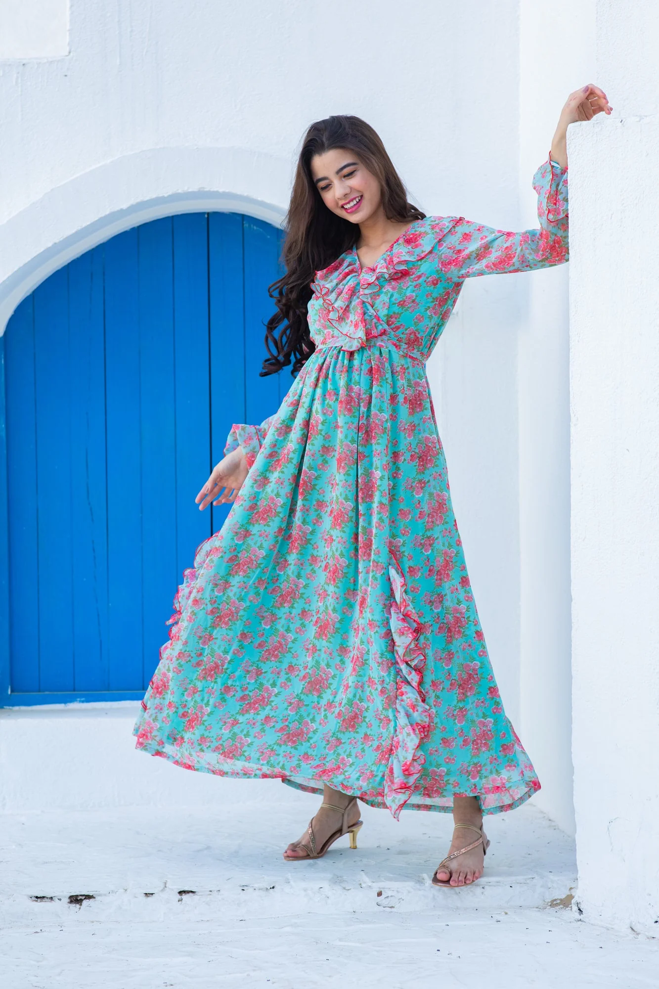 Pretty Aqua Pink Fresh Blossom Maternity Frill Dress - Chenance