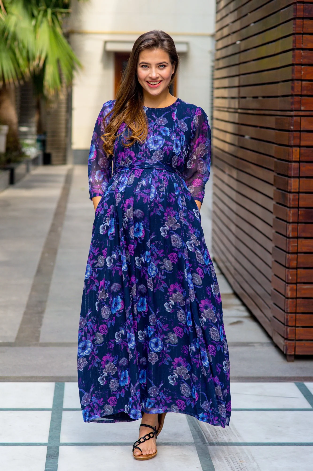 Luxe Chiffon Violet Floral Maternity & Nursing Dress - Chenance