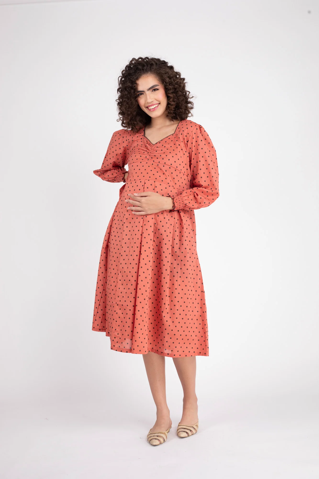 Rouge Polka Maternity & Nursing Dress (100% Cotton) - Chenance