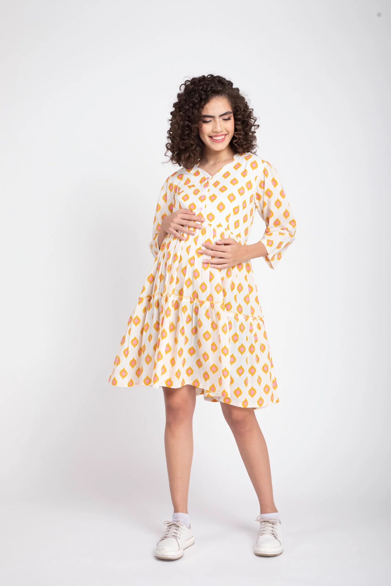 Pretty Cream Maternity & Nursing Layered Dress (100% Cotton) - Chenance