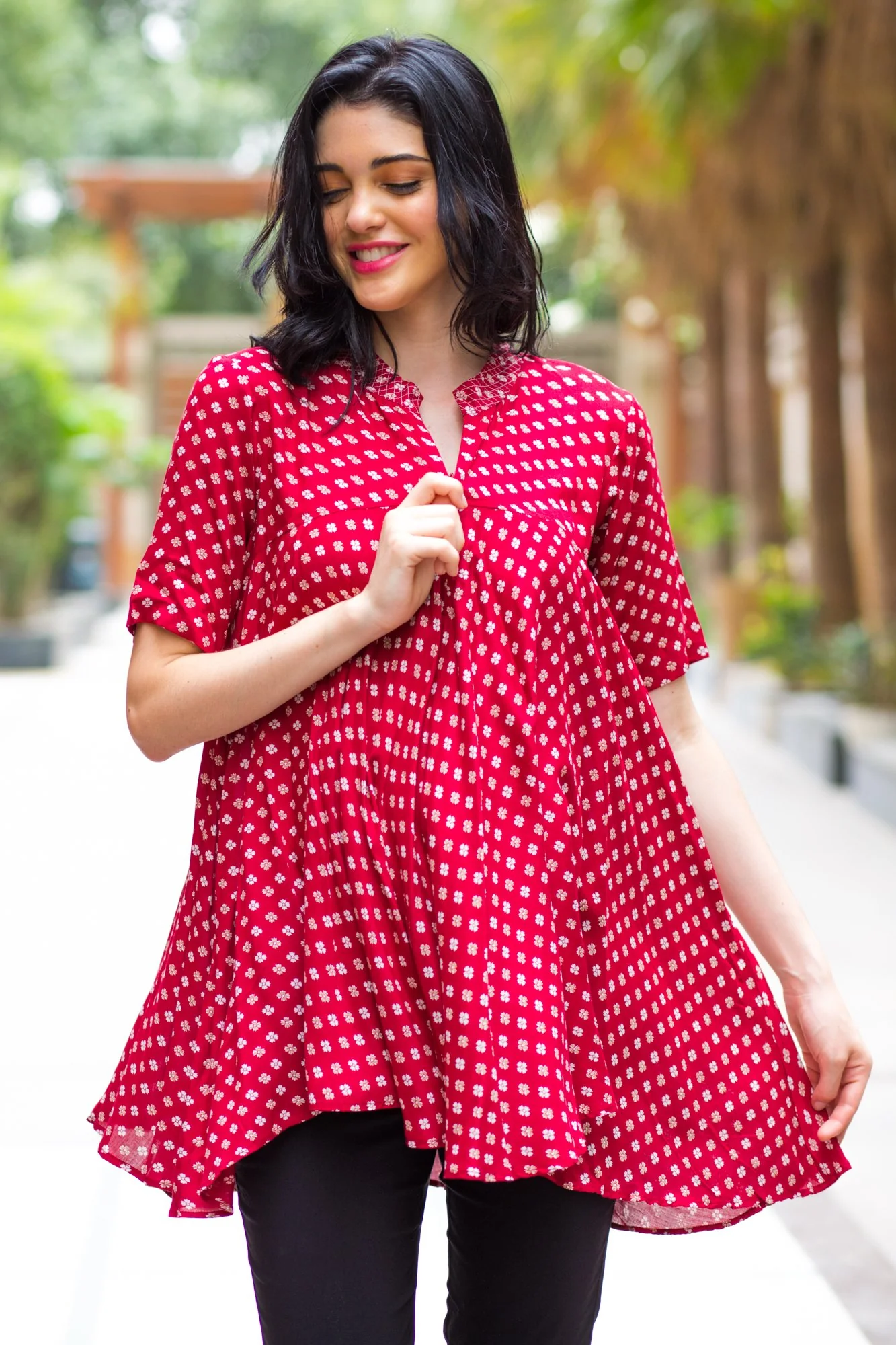 Maroon Geo Flowing Maternity & Nursing Top - Chenance