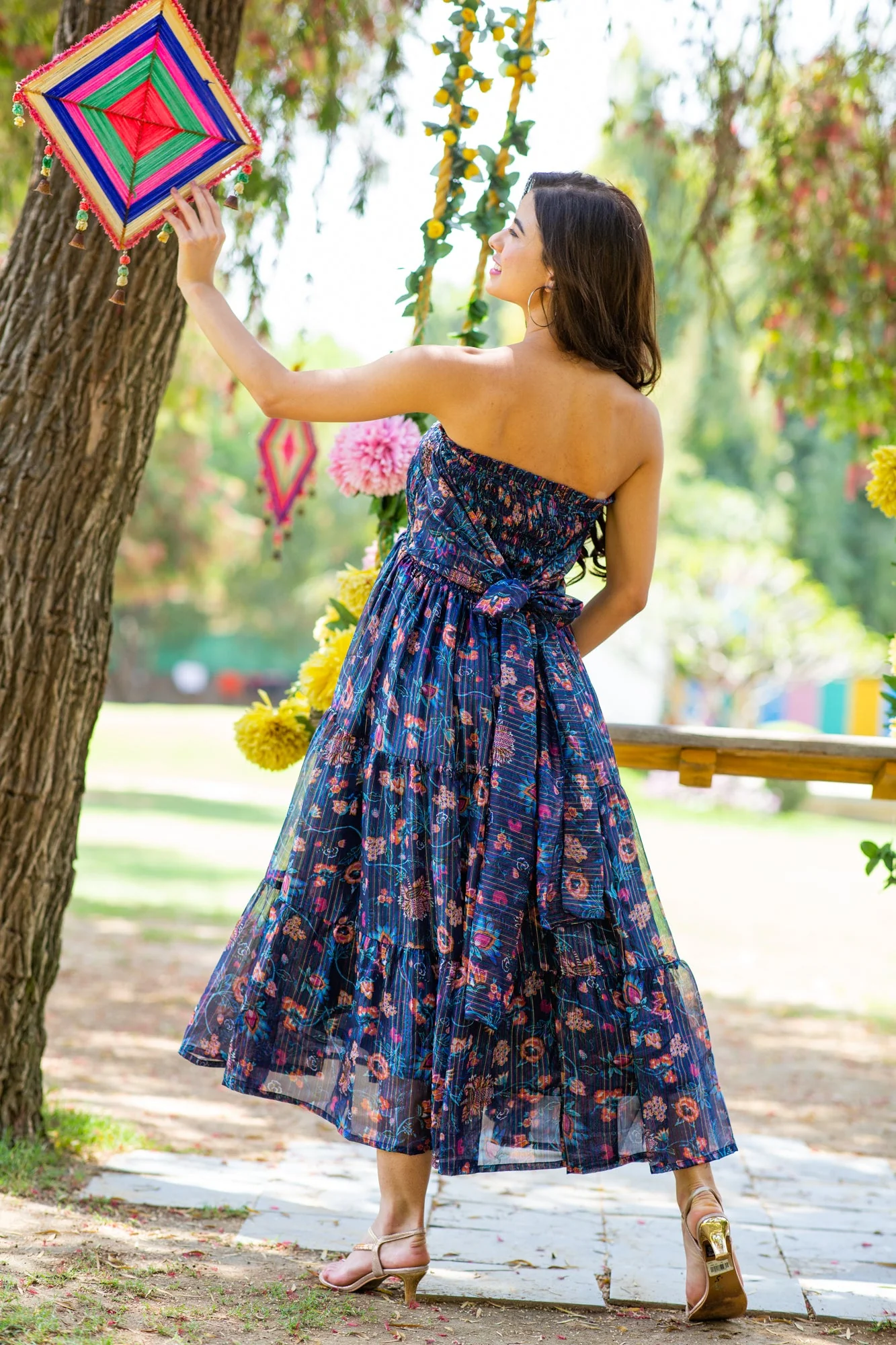Midnight Chiffon Floral Maternity Off-Shoulder Frill Dress - Chenance