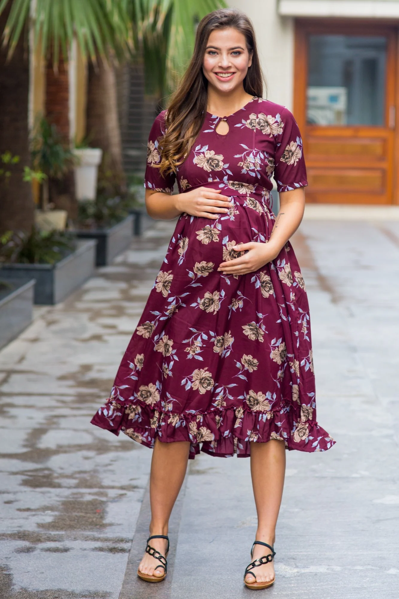 Burgandy Floral Frill Crepe Concealed Zips Maternity & Nursing Dress - Chenance
