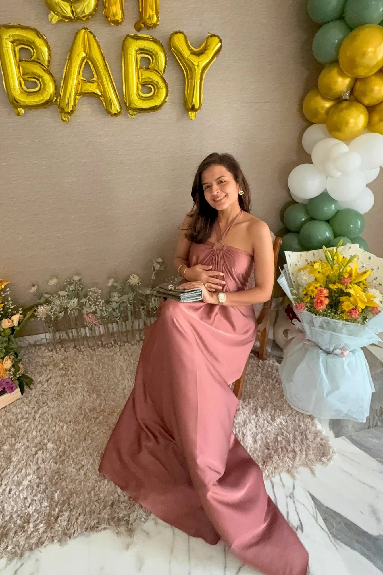 Luxe Rose Pink Satin Maternity Gown - Chenance