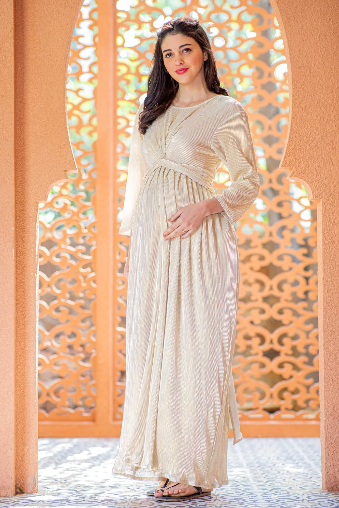 Gold Pleated Maternity Knot Dress - Chenance