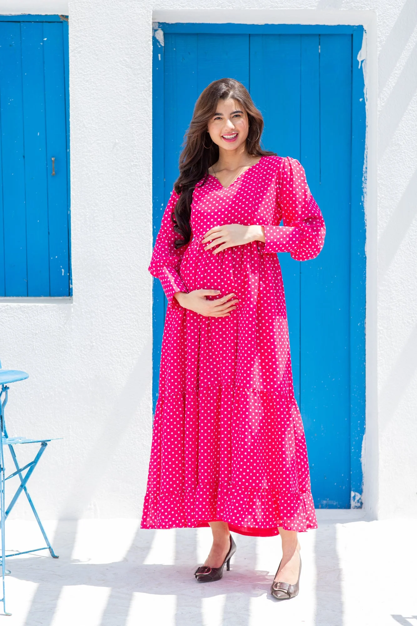 Classy Fuchsia Dotted Maternity And Nursing Dress - Chenance