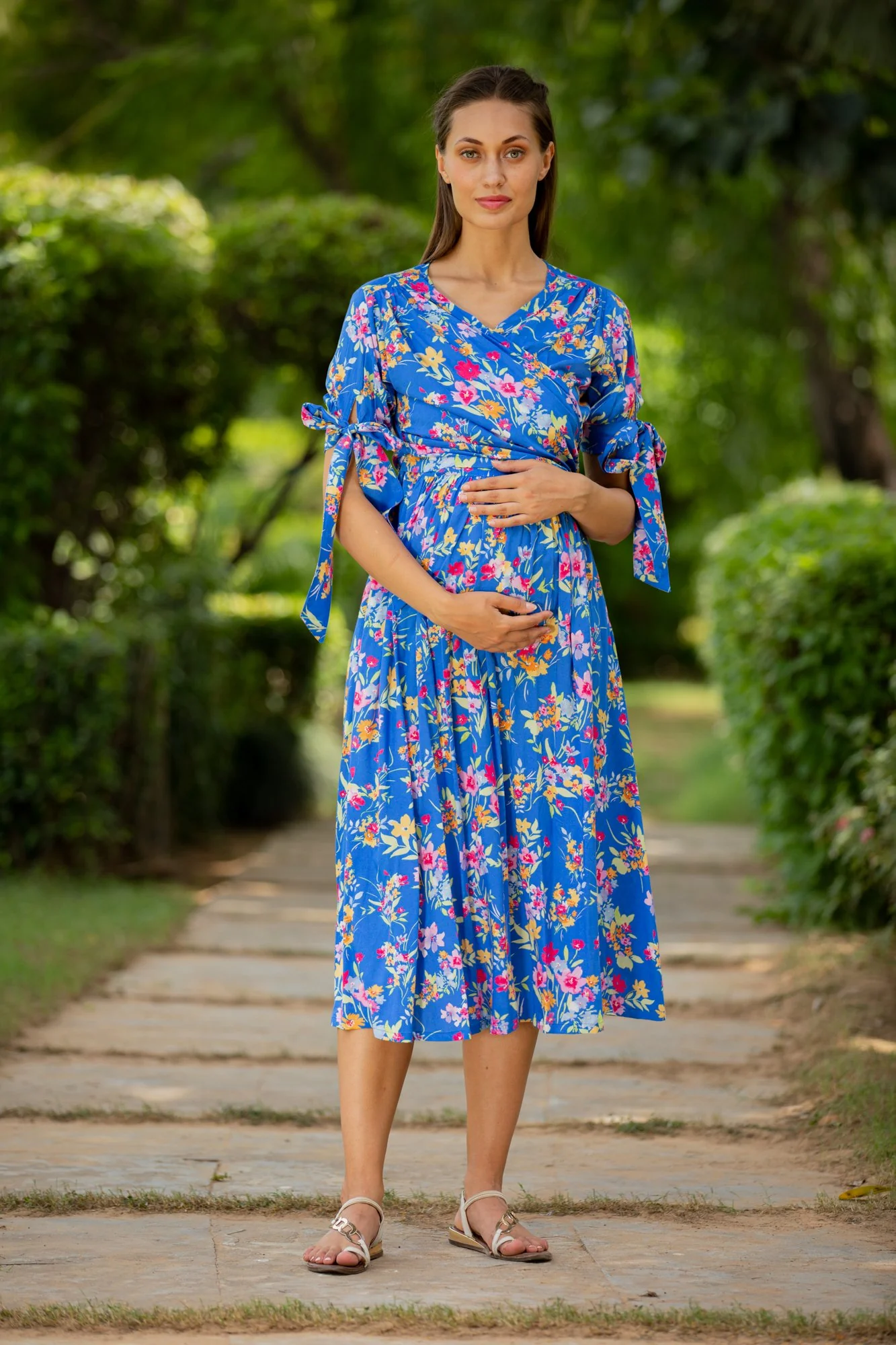 Royal Blue Floral Maternity & Nursing Midi Wrap Dress - Chenance