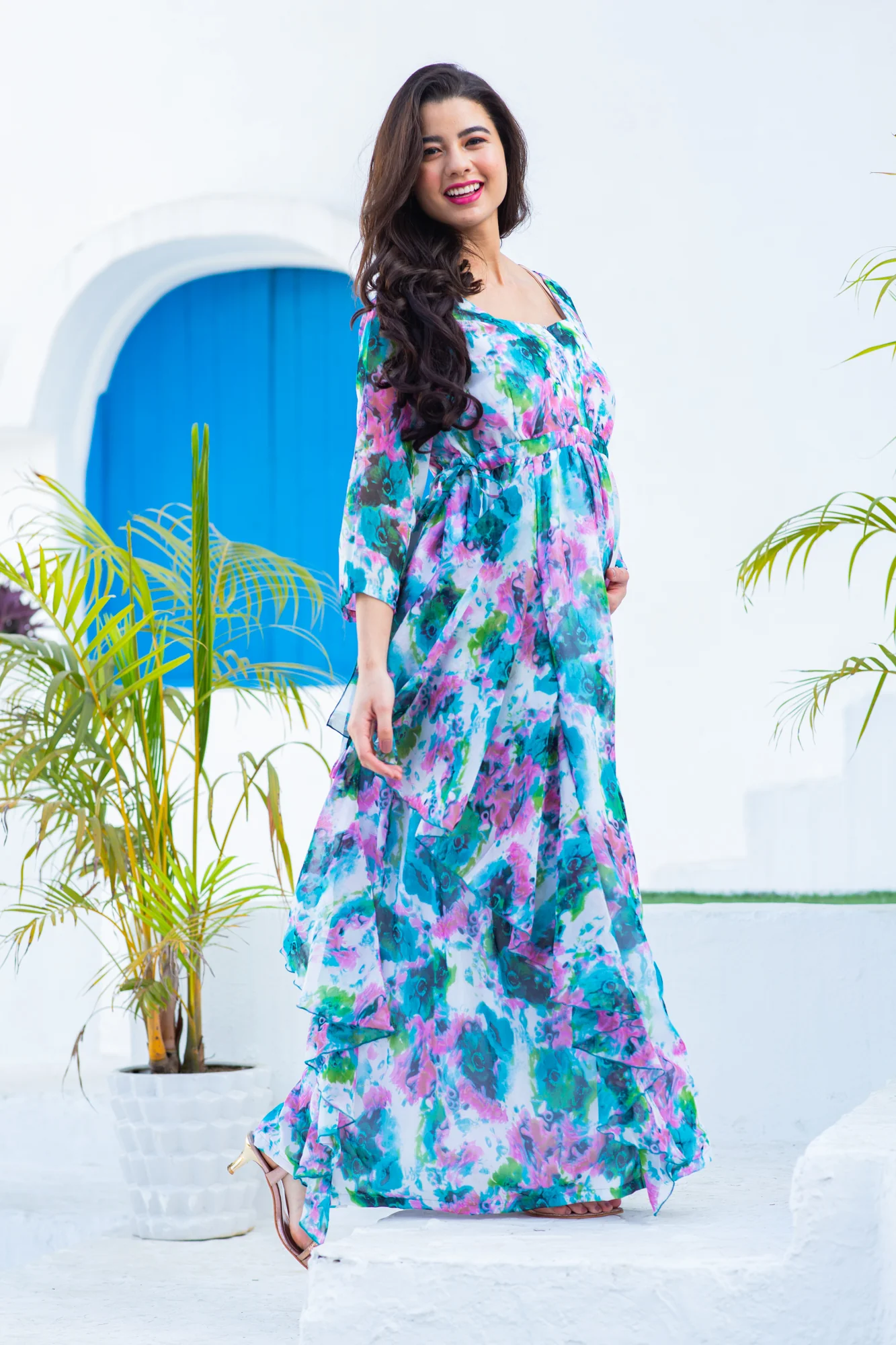 Luxe Vibrant Cascading Floral Maternity & Nursing Flow Dress - Chenance