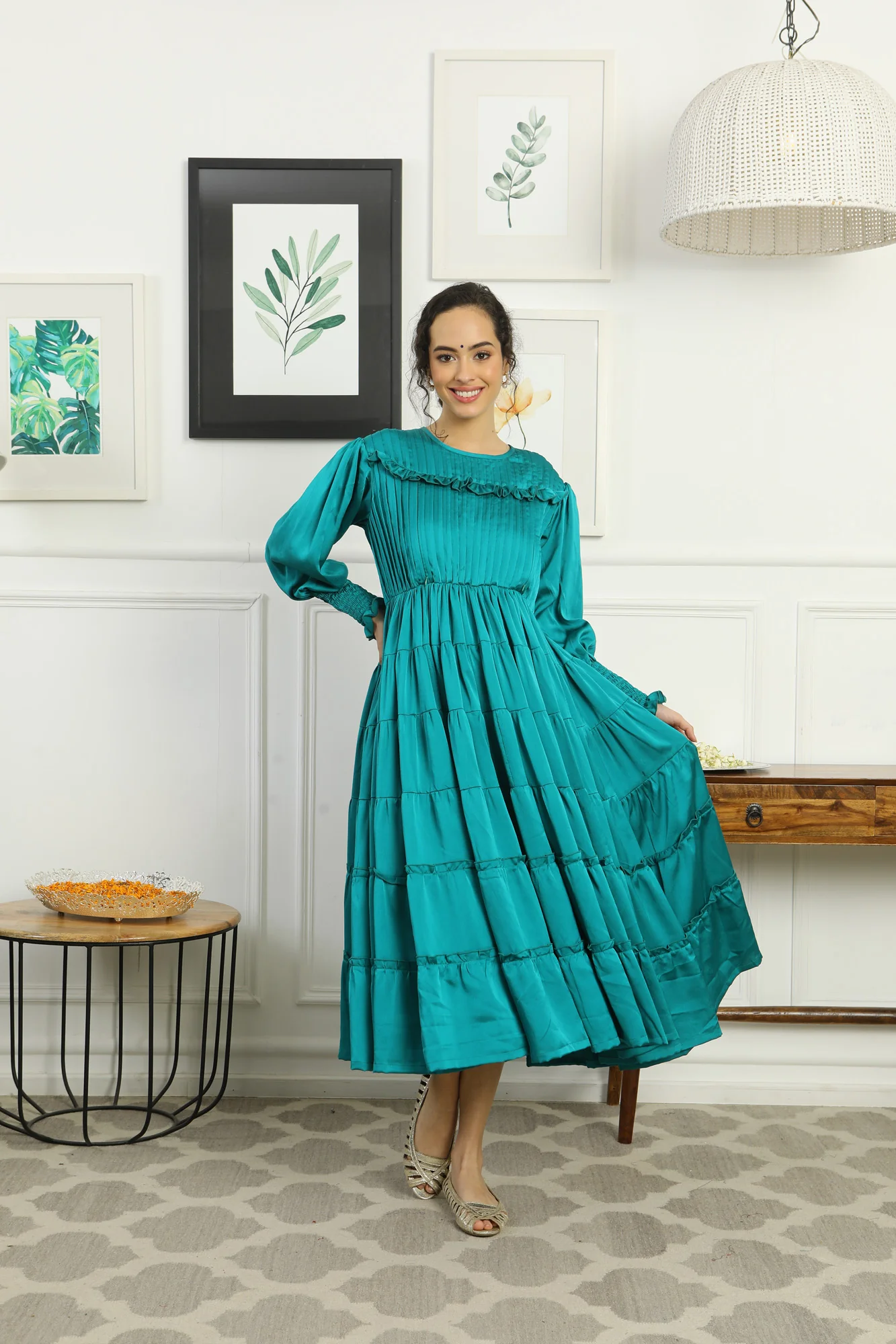 Premium Satin Emerald Green Formal Maternity & Nursing Pintucks Frill Dress - Chenance