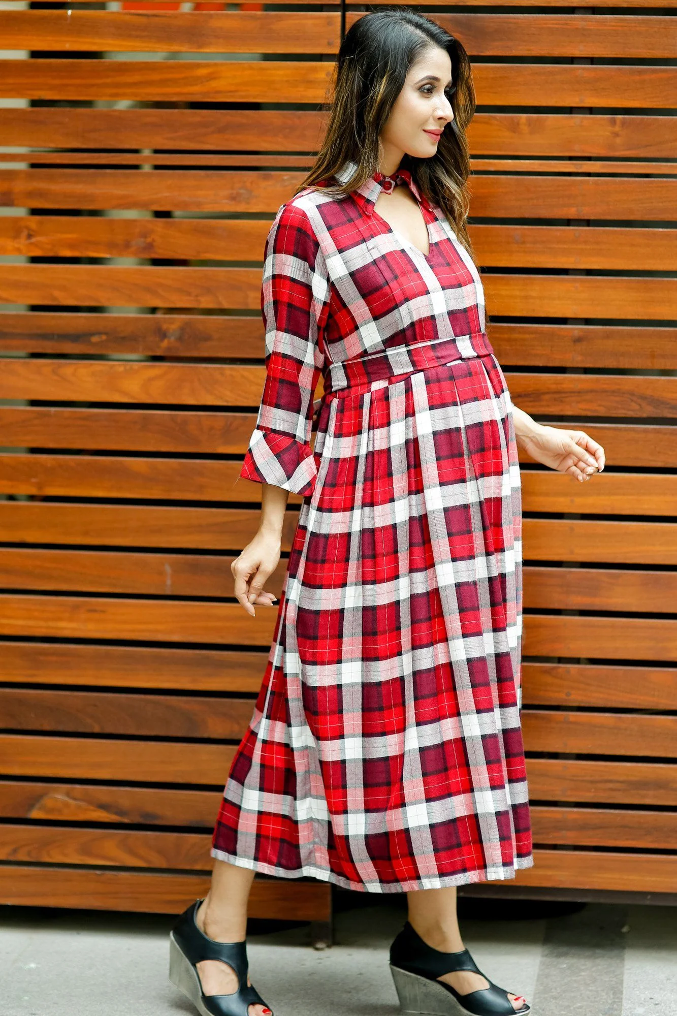 Slick Red Plaid Maternity & Nursing Button Dress - Chenance