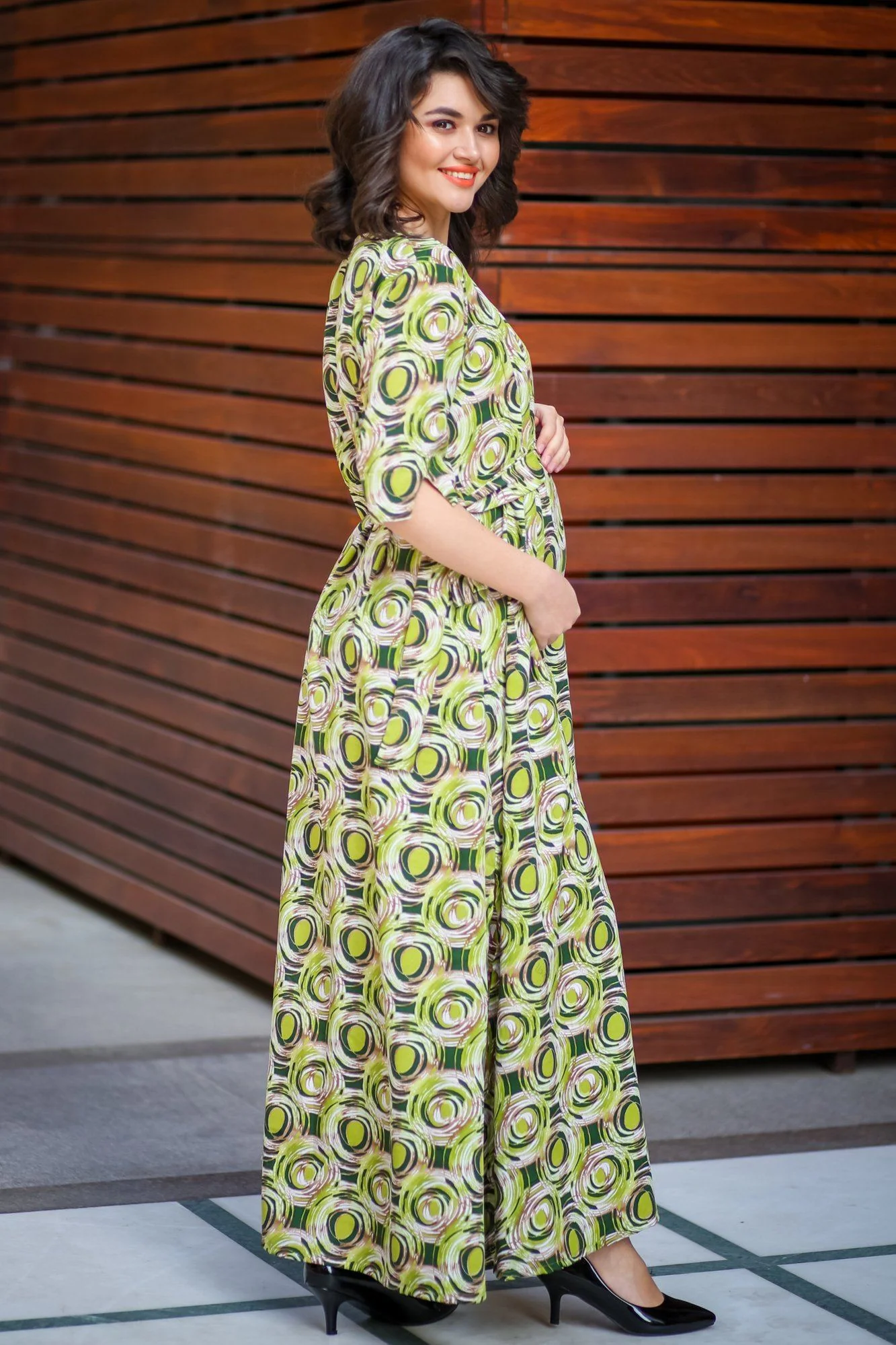 Forest Green Geo Side Slit Maternity & Feeding Dress - Chenance