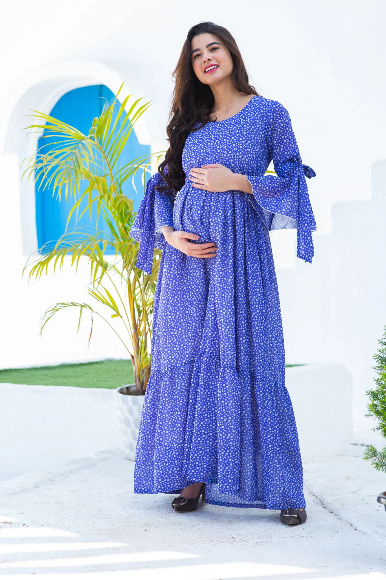 Midnight Starry Blue Maternity & Nursing Frill Dress - Chenance