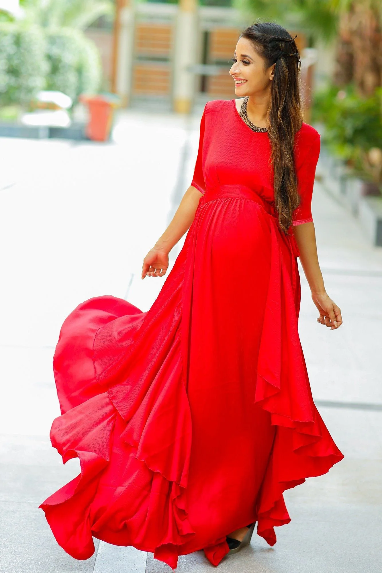 Luxe Candy Red Maternity Flow Dress With Sleeves - Chenance