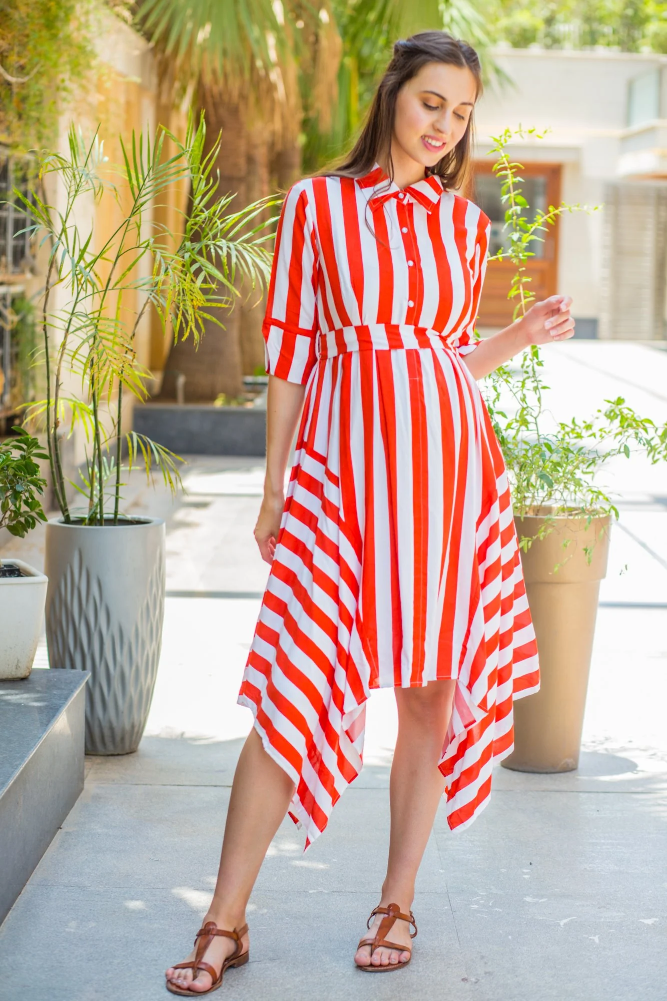 Candy Red Striped Maternity & Nursing Assymetrical Dress - Chenance