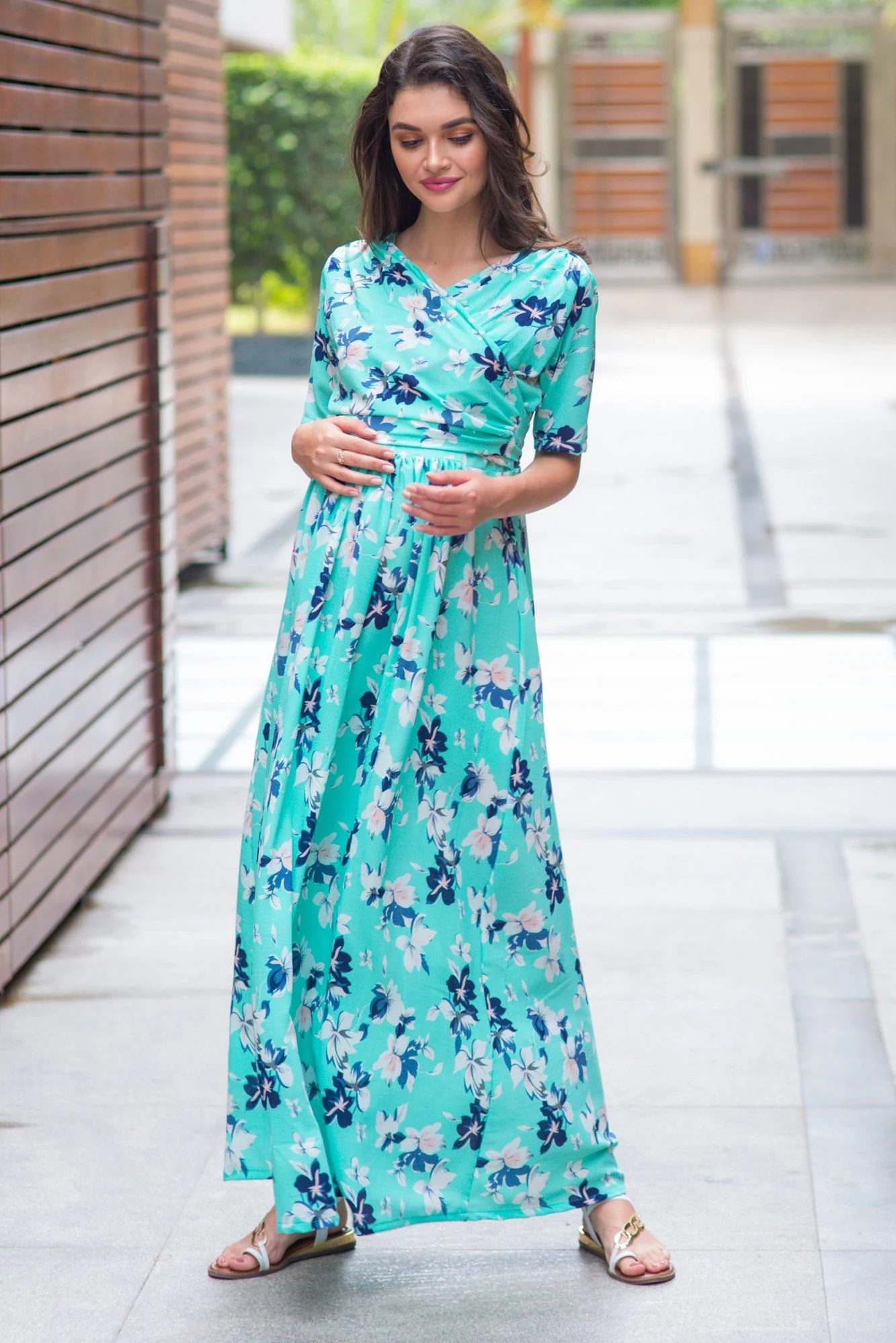 Mint Aquamarine Blossom Maternity & Nursing Wrap Dress - Chenance