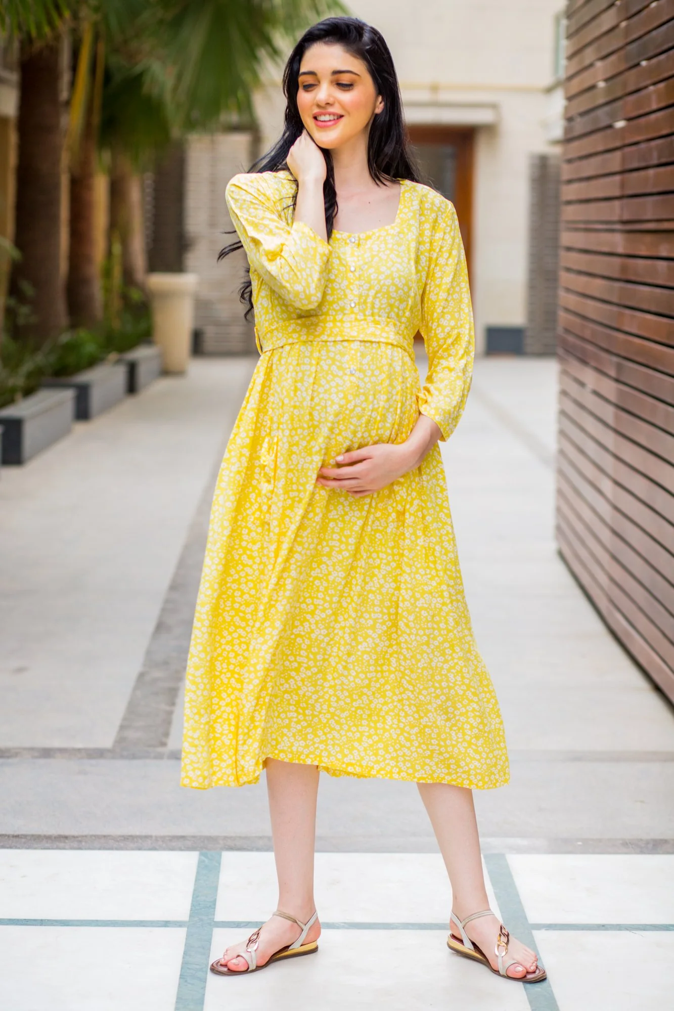 Joyful Yellow Pocket Maternity & Nursing Dress - Chenance
