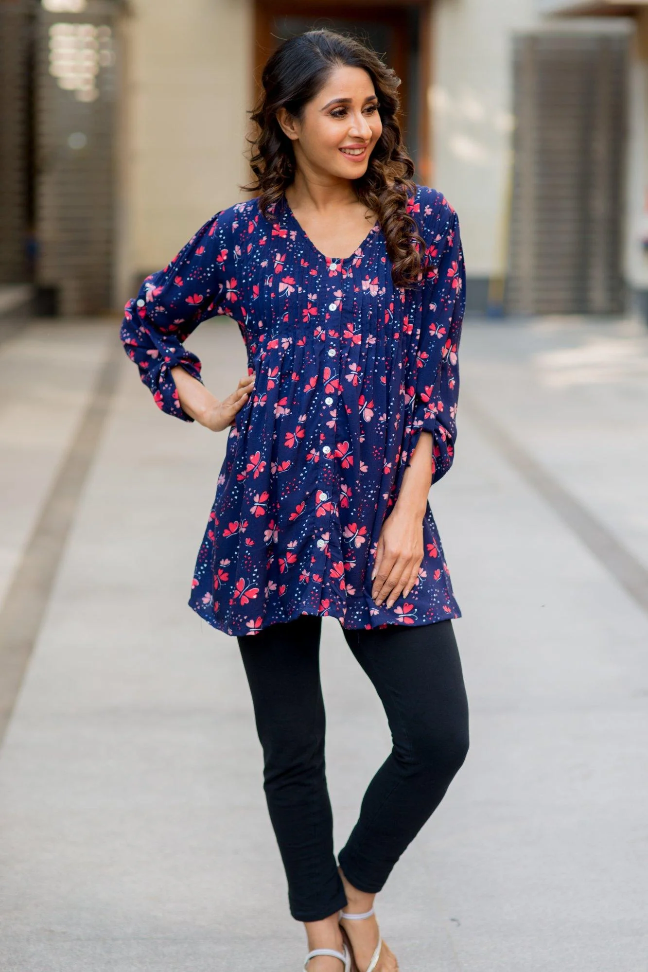 Midnight Blue Pintucks Maternity and Nursing Shirt - Chenance