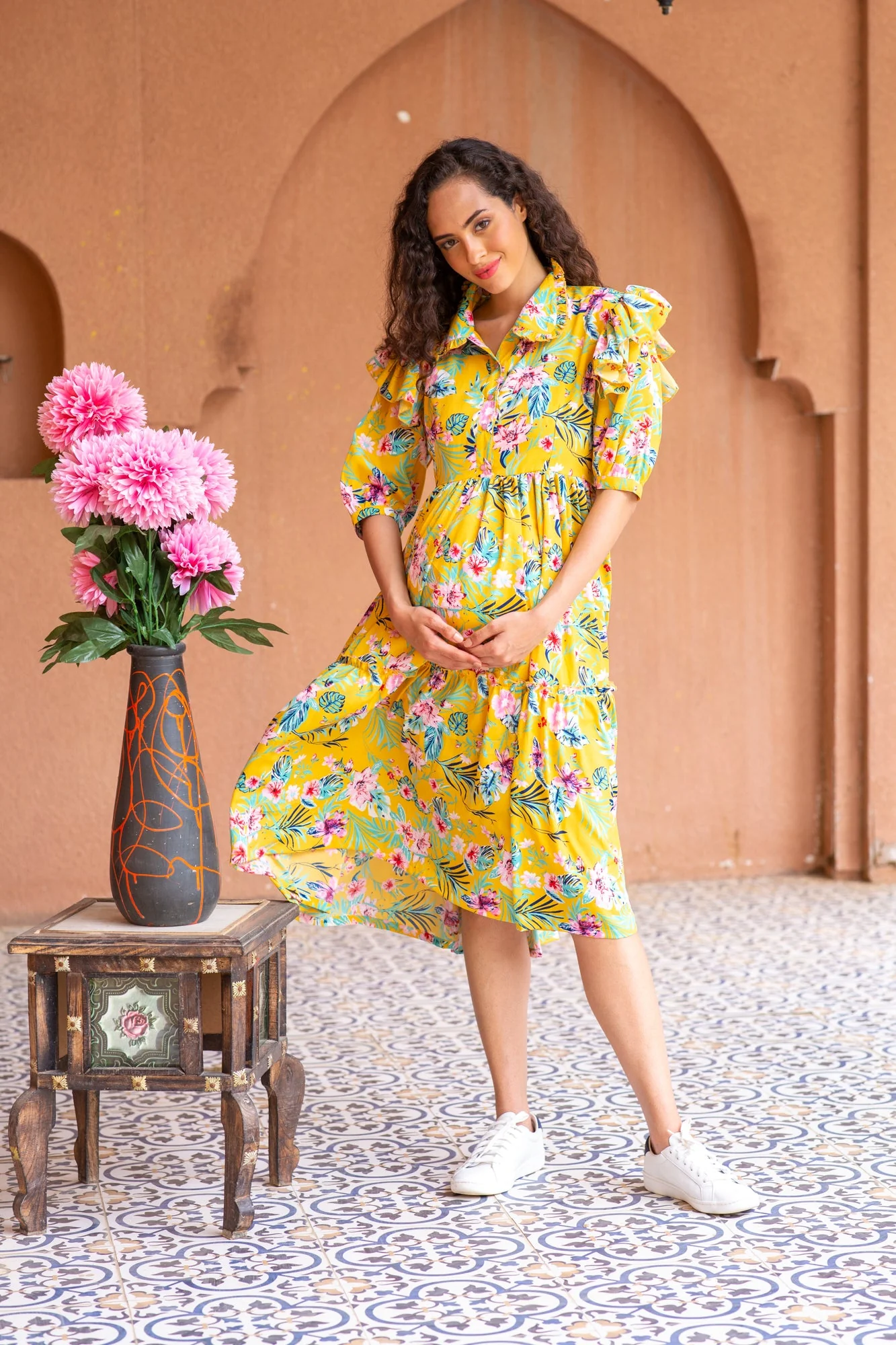 Miami Dancing Floral Maternity & Nursing Frill Dress - Chenance