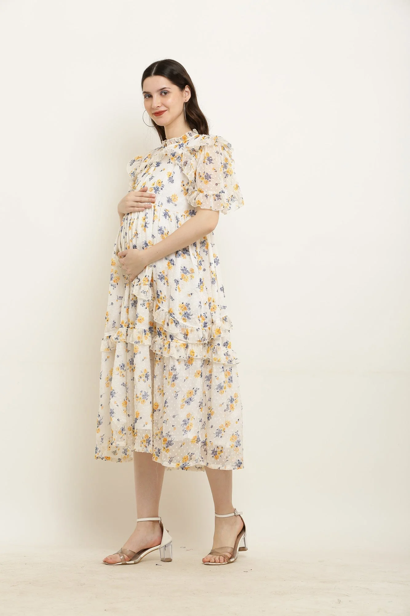 Soothing Ivory Yellow Floral Maternity & Nursing Frill Dress - Chenance