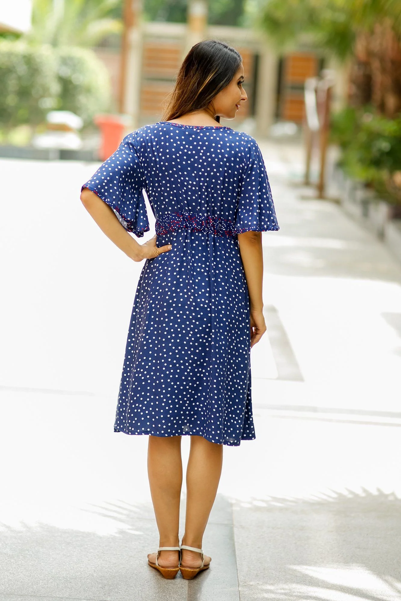Blue Polka Maternity and Front Button Nursing Swing Dress - Chenance
