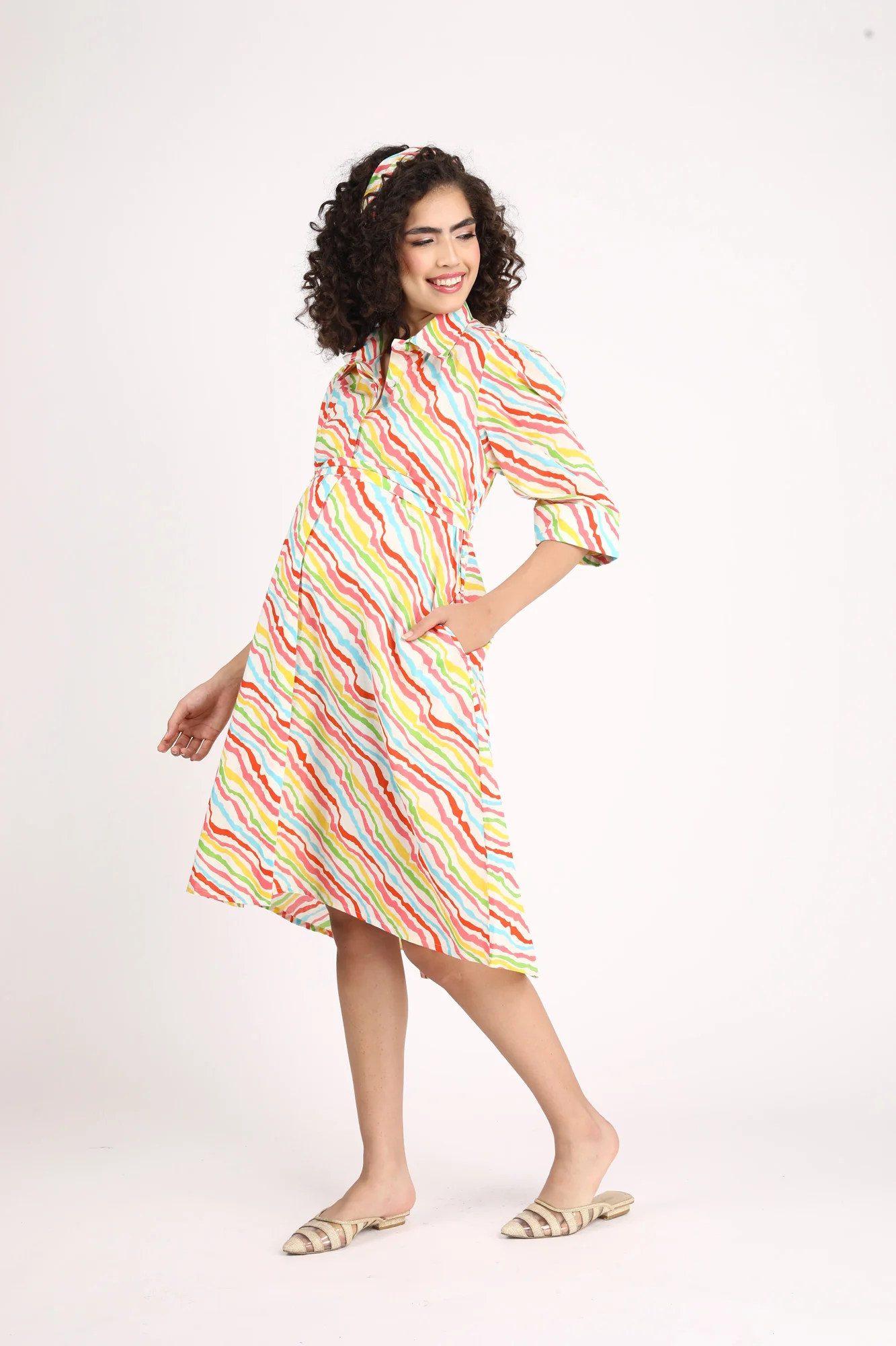 Rainbow Striped Maternity & Nursing Knee Shirt Dress (100% Cotton) - Chenance