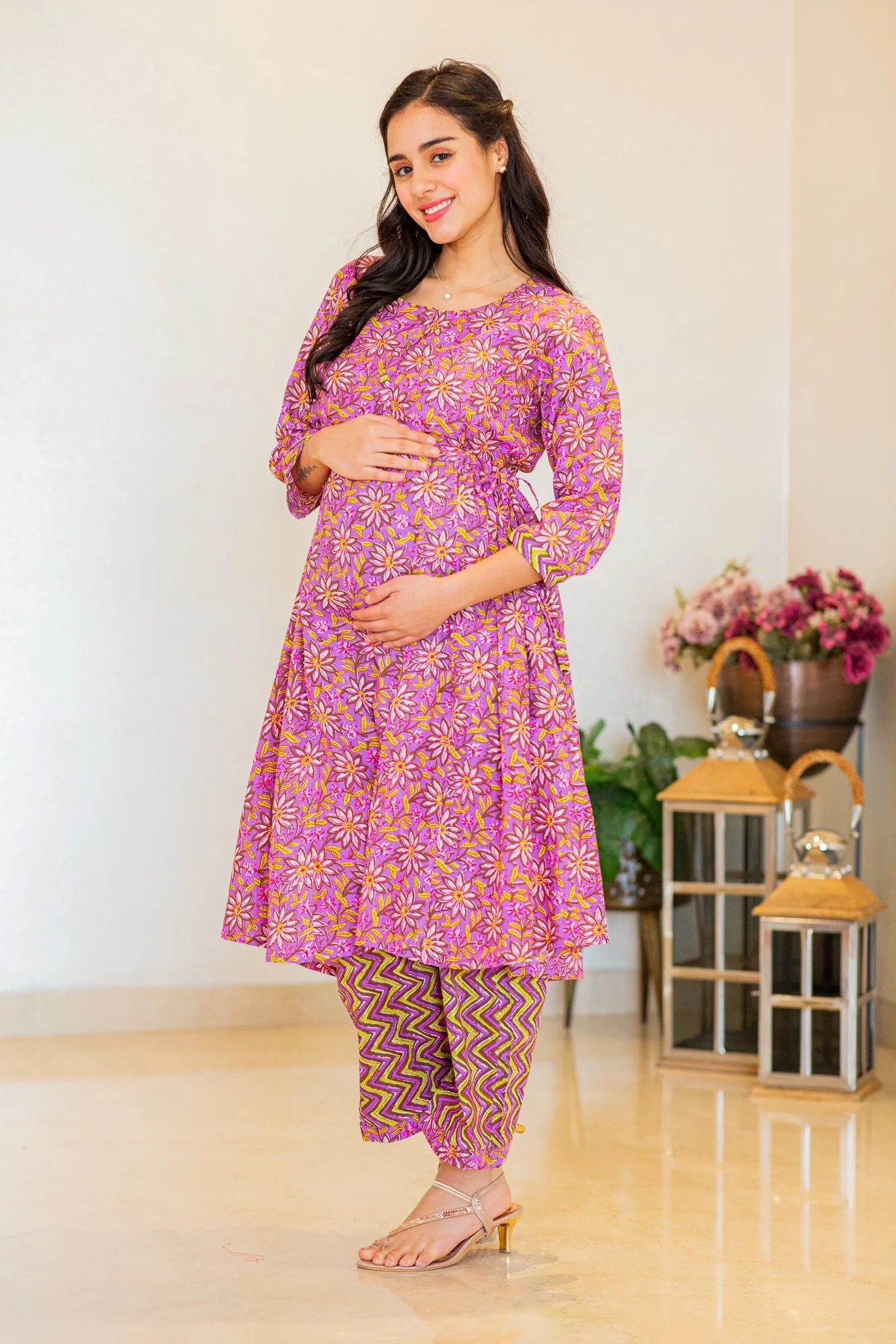 Stunning Purple Floral Maternity & Nursing Kurta Set (2pc) (100% Cotton) - Chenance