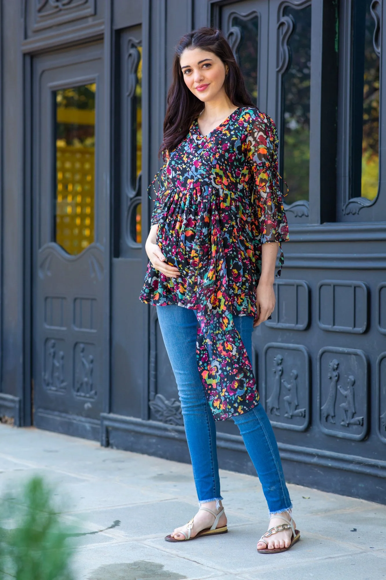 Midnight Bloom Chiffon Gathered Maternity Top - Chenance