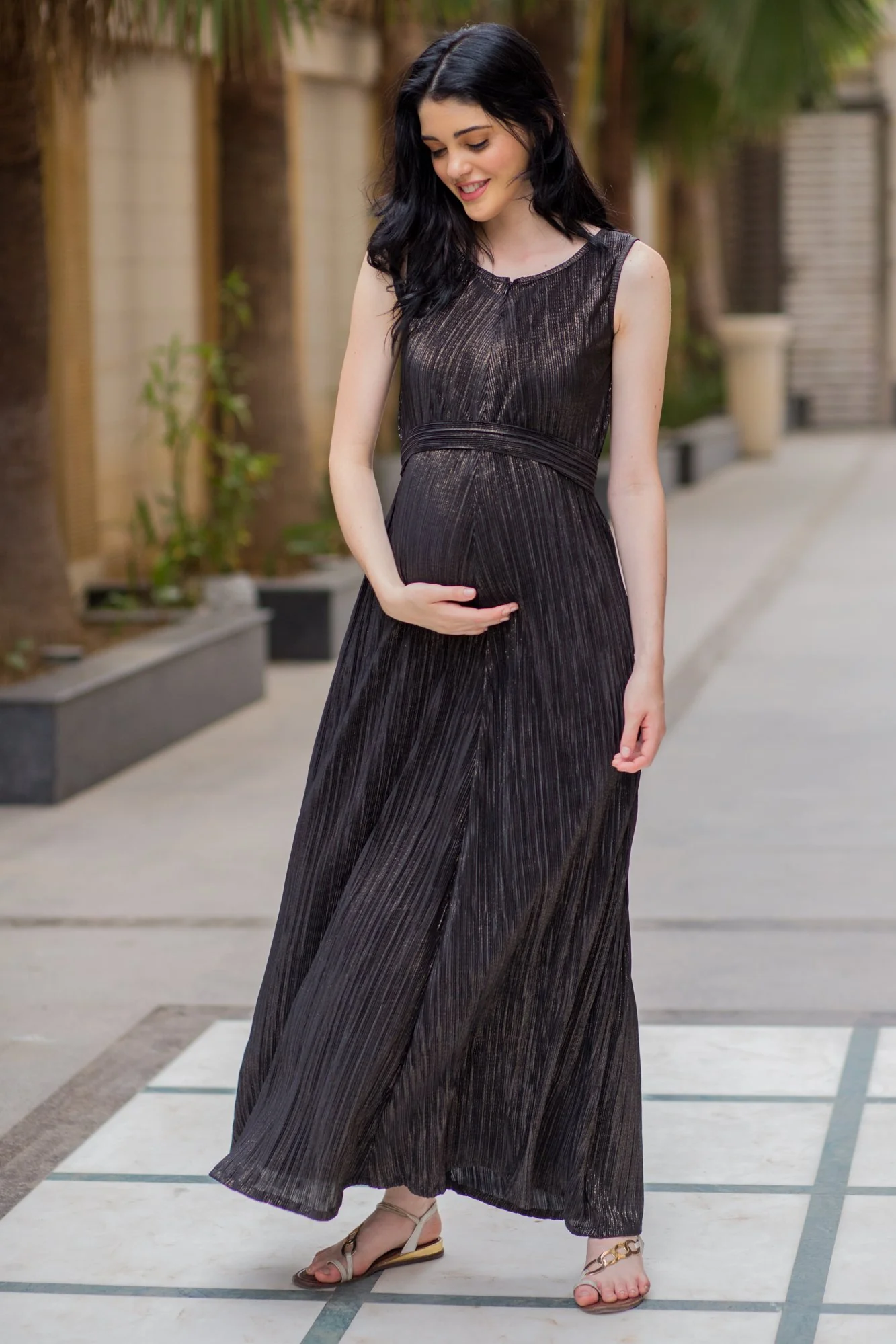 Exclusive Black Gold Pleated Maternity & Nursing Dress - Chenance