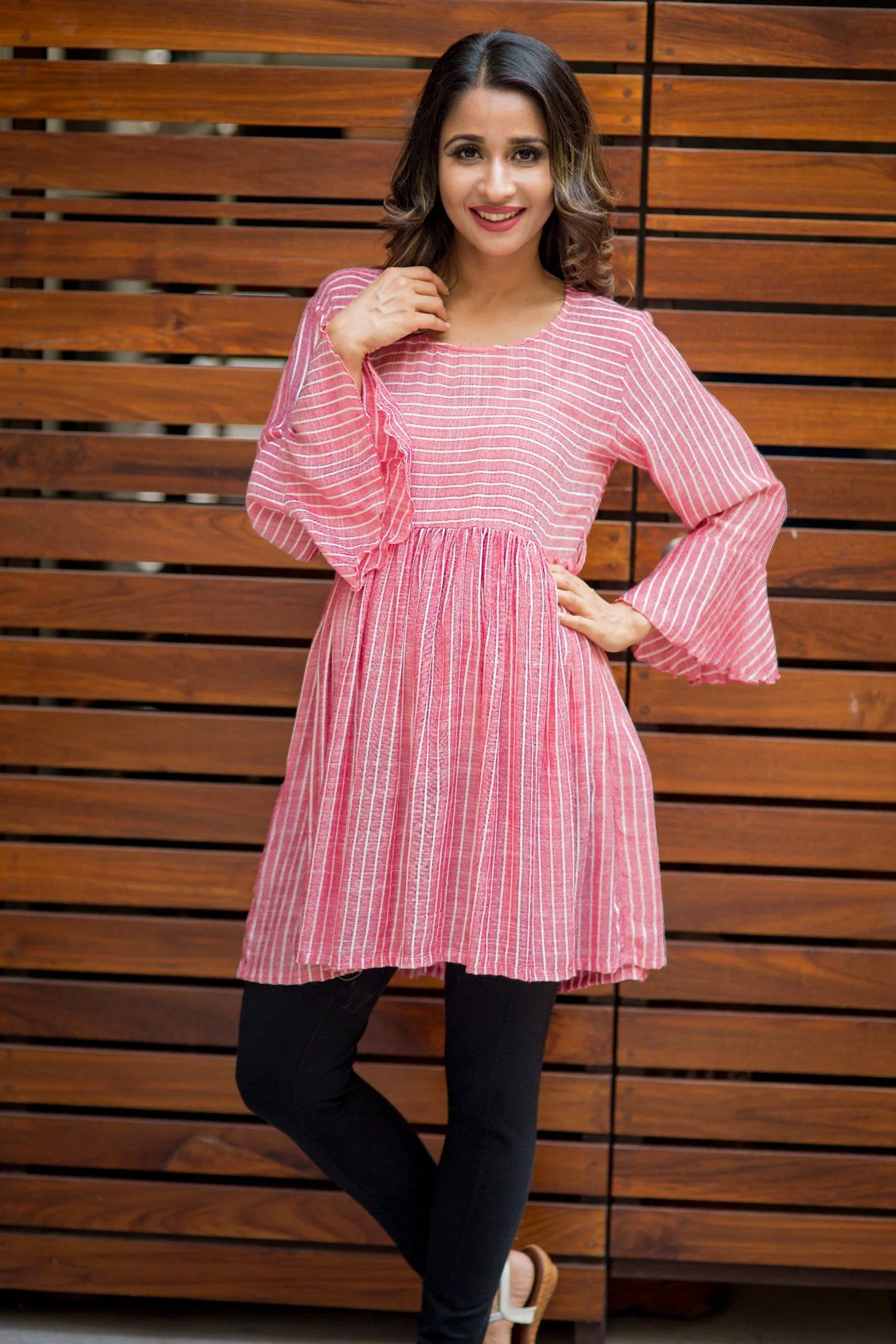 Red Striped Bell Sleeves Gathered Maternity Top - Chenance