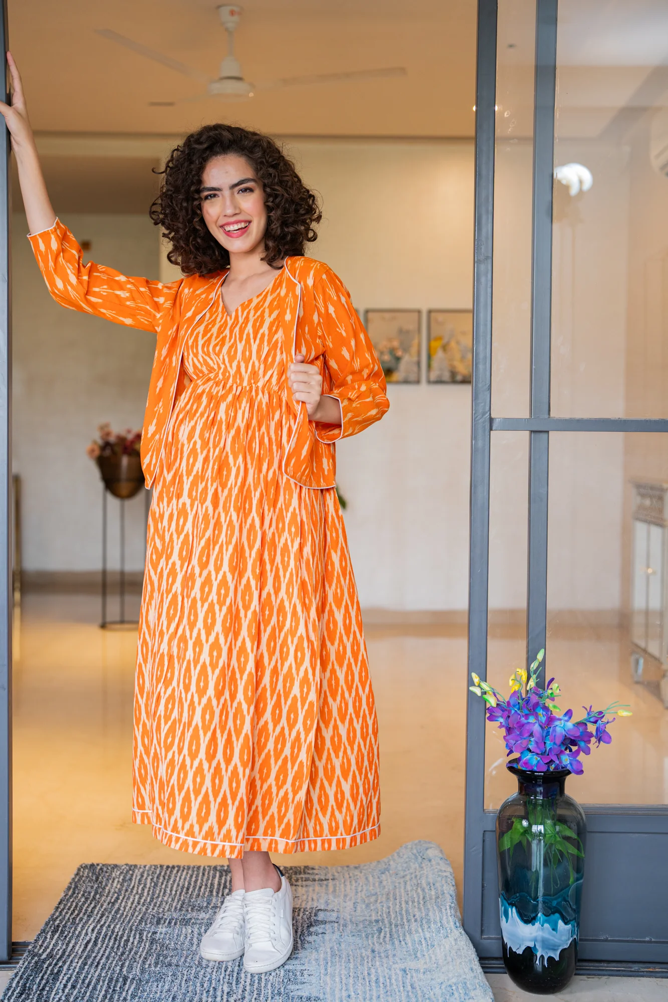 Vibrant Tangerine Ikat Maternity Dress With Jacket (100% Cotton) (2Pc) - Chenance