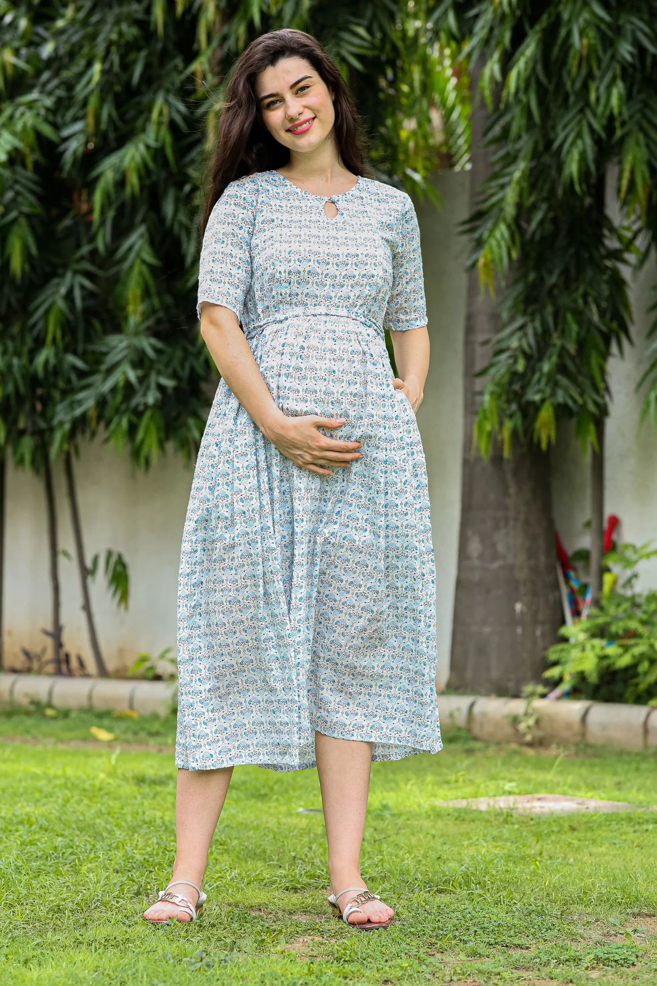 Chandelier White Concealed Zips Maternity & Nursing Kurta Dress - Chenance