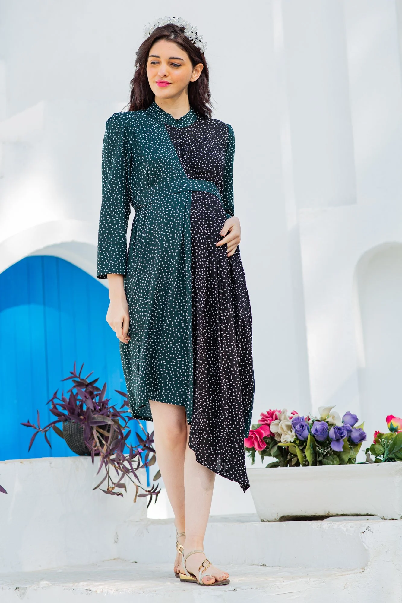 Asymmetrical Jade Green High Neck Maternity & Nursing Dress - Chenance