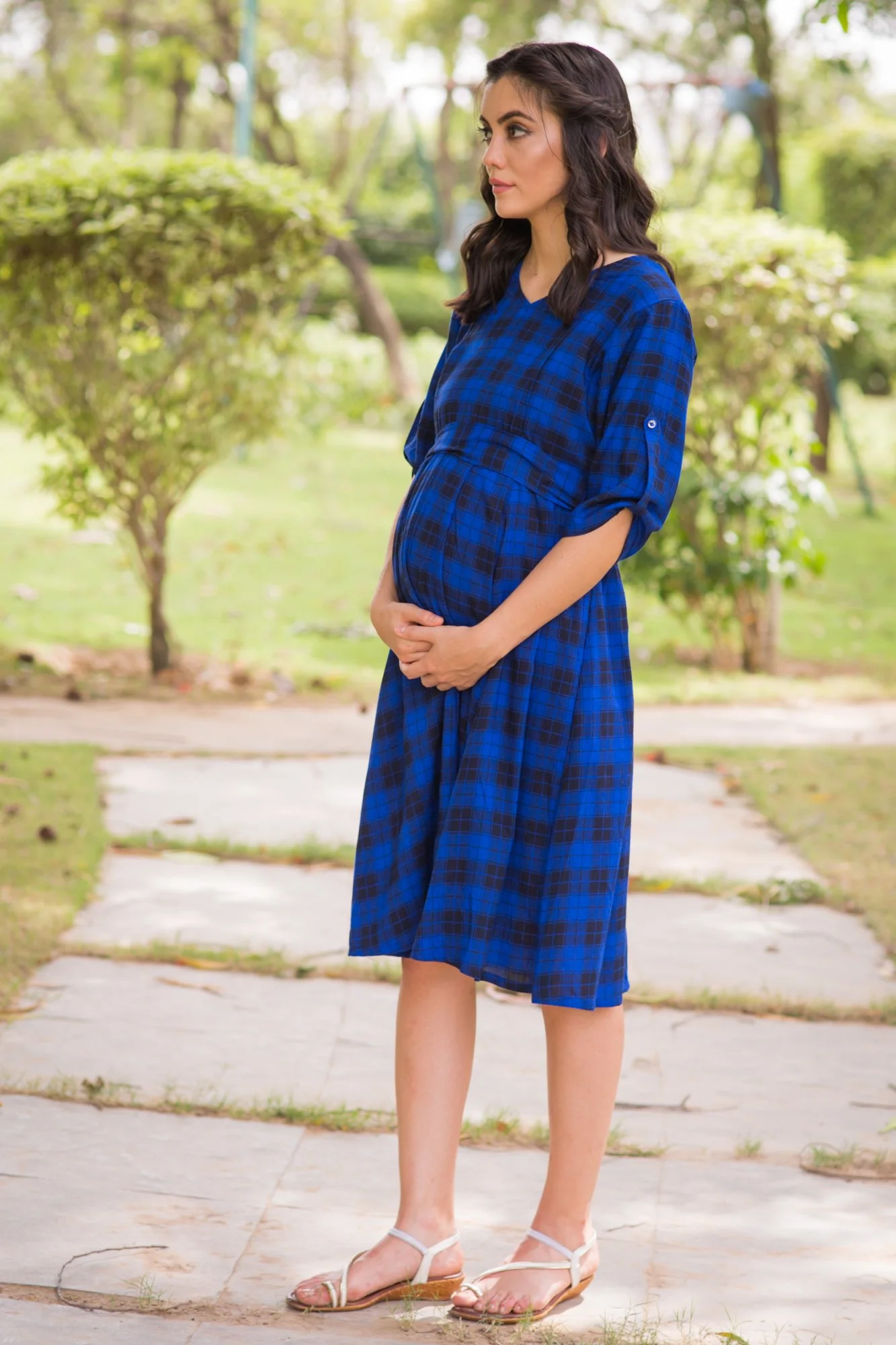 Persian Blue Plaid Maternity & Nursing Dress - Chenance