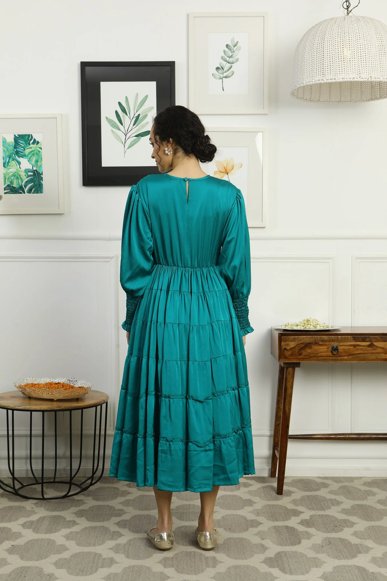Premium Satin Emerald Green Formal Maternity & Nursing Pintucks Frill Dress - Chenance