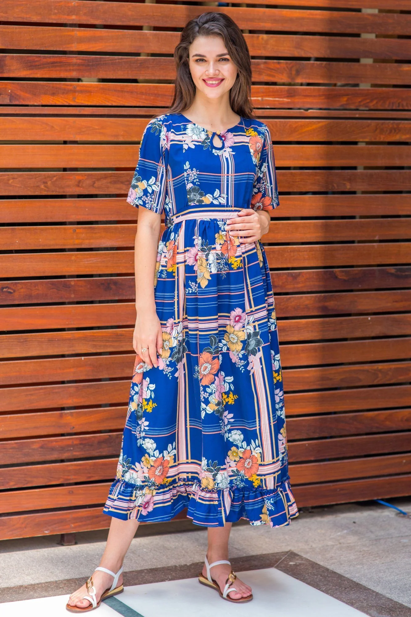 Nautical Striped Floral Frill Concealed Zips Nursing Dress - Chenance