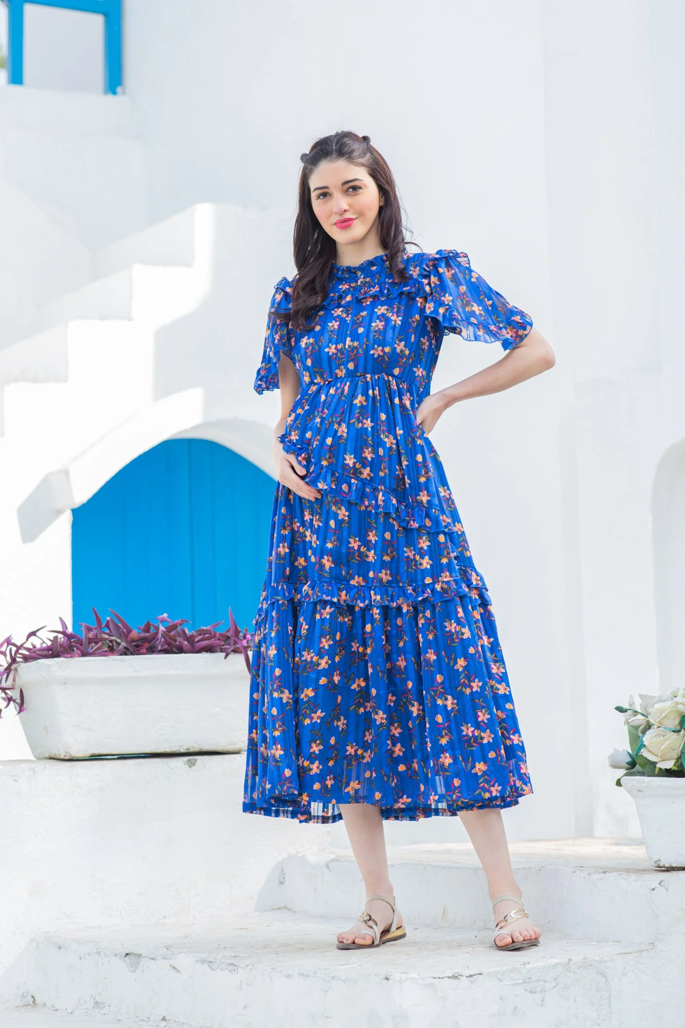 Royal Blue Mist Maternity & Nursing Frill Dress - Chenance