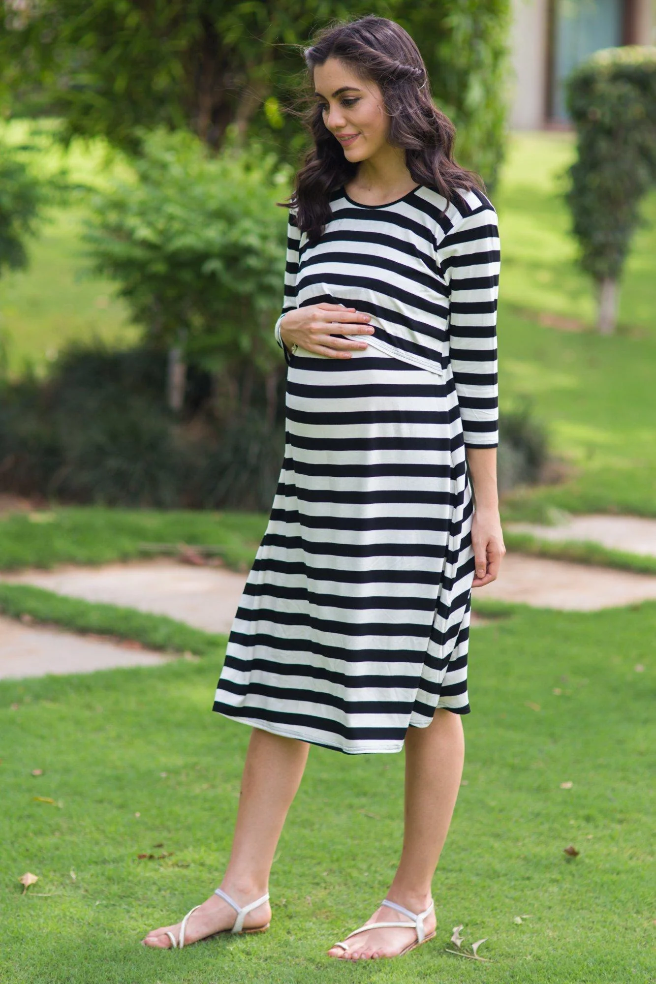 Elegant Royal Striped Maternity & Nursing Dress - Chenance