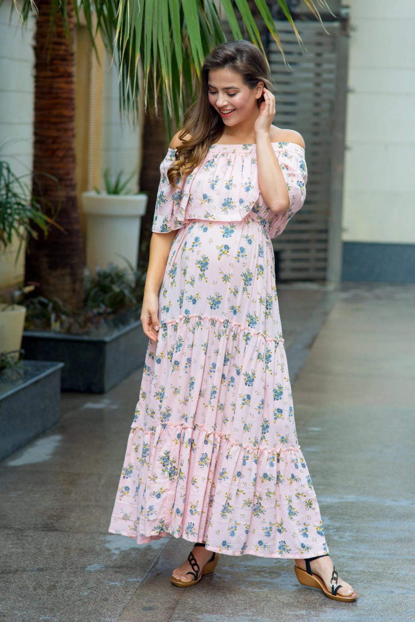 Pastel Rose Peach Off-Shoulder Maternity Maxi - Chenance