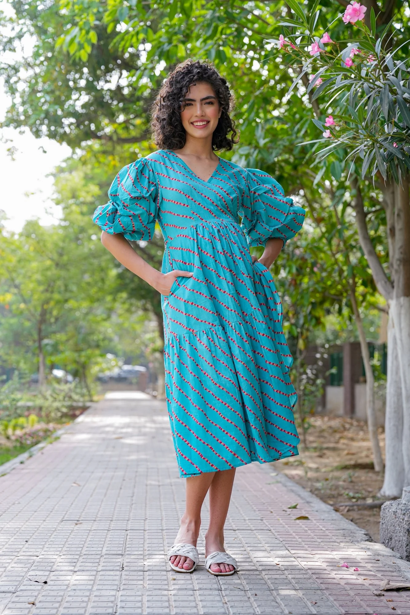 Charming Cerulean Blue Maternity & Nursing Frill Wrap Dress (100% Cotton) - Chenance
