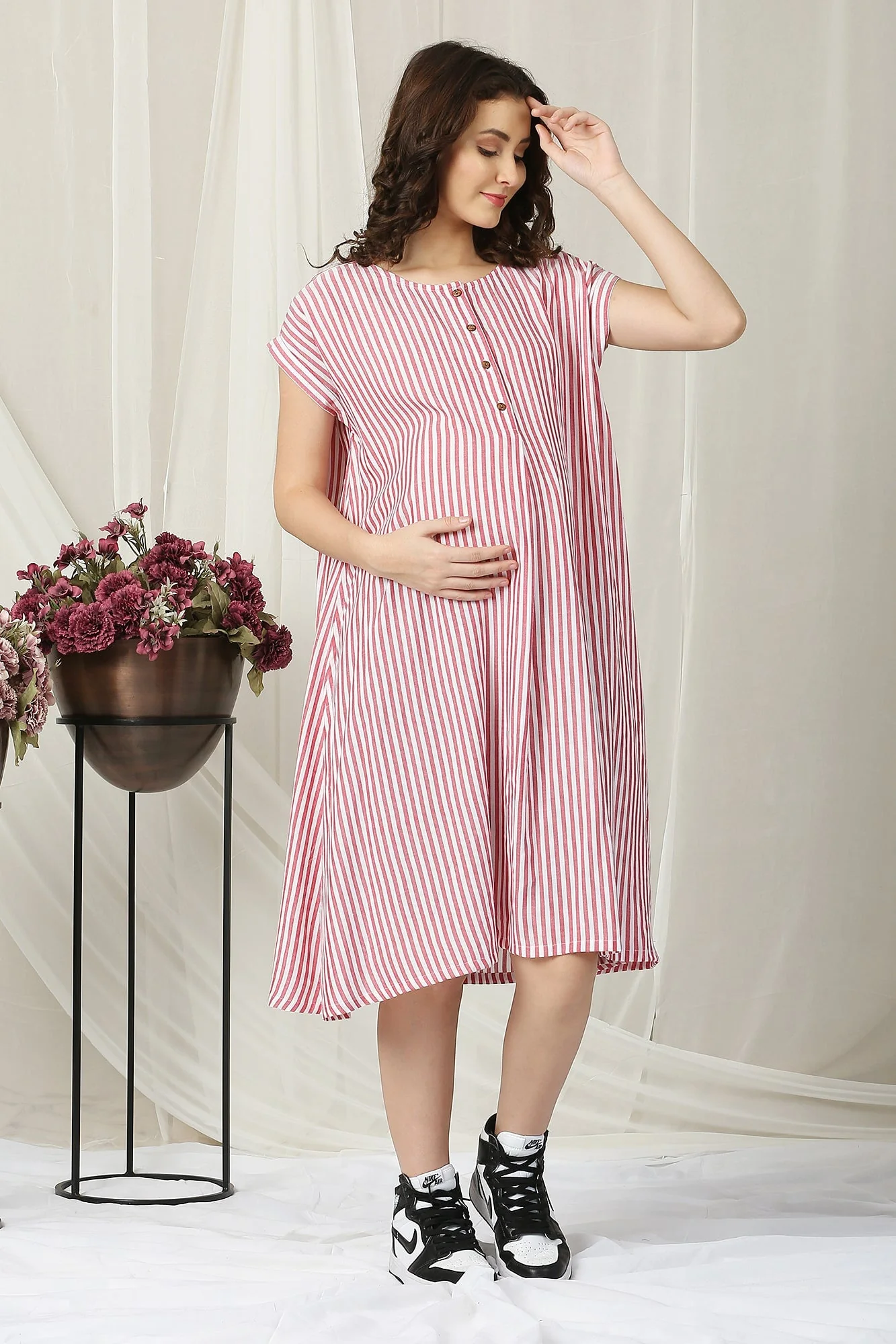 Breezy Red Striped Maternity & Nursing Dress - Chenance