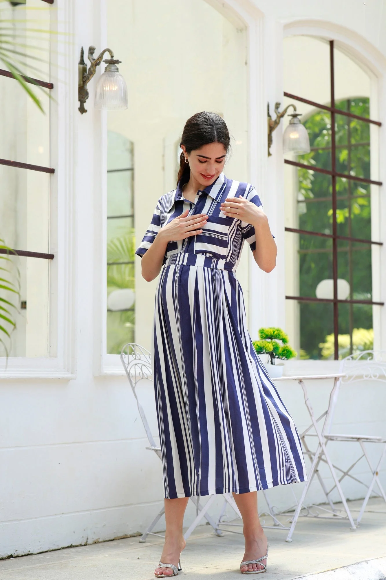 Breezy Navy Blue Striped Maternity & Nursing Dress - Chenance