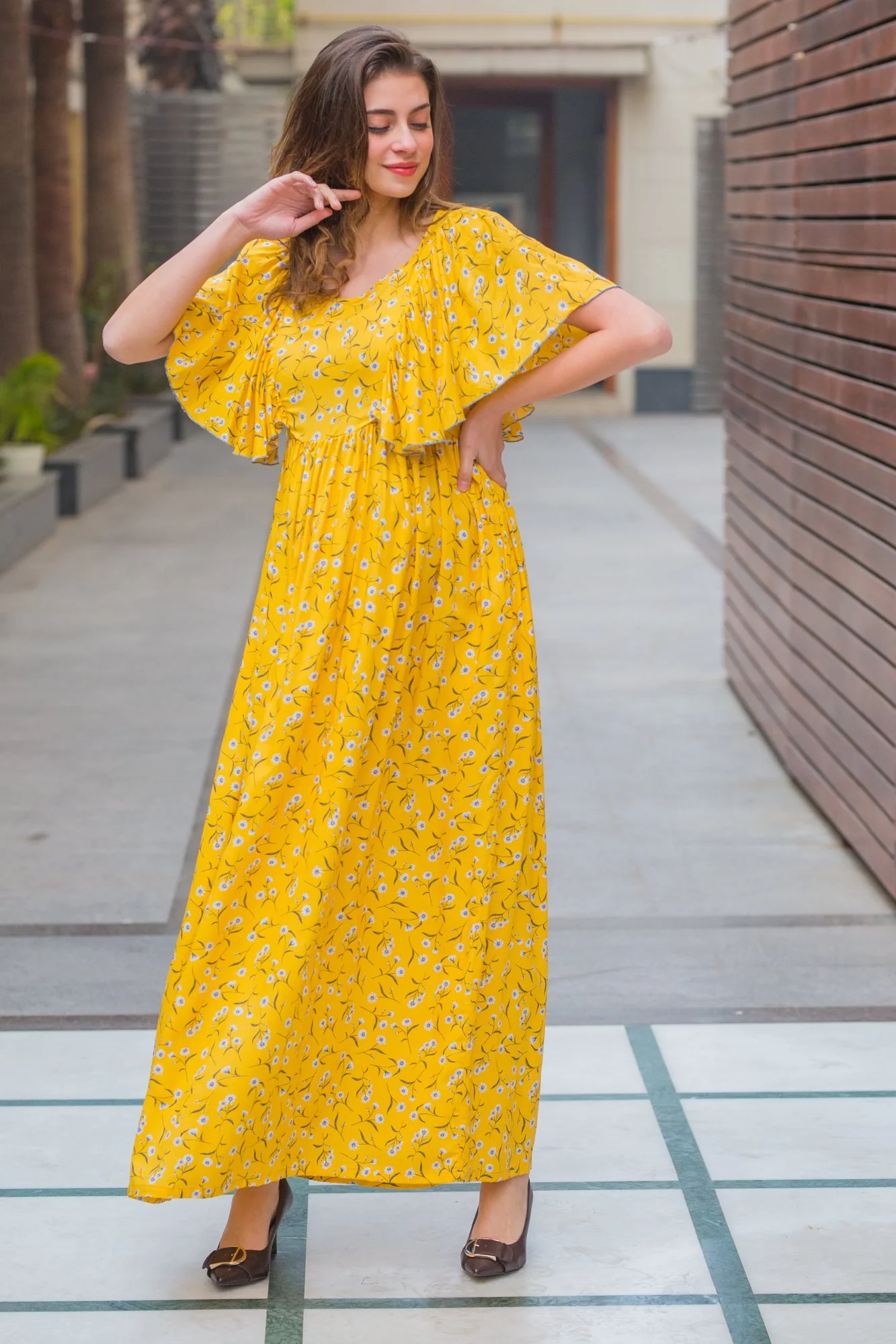 Serene Yellow Maternity & Nursing Flap Dress - Chenance