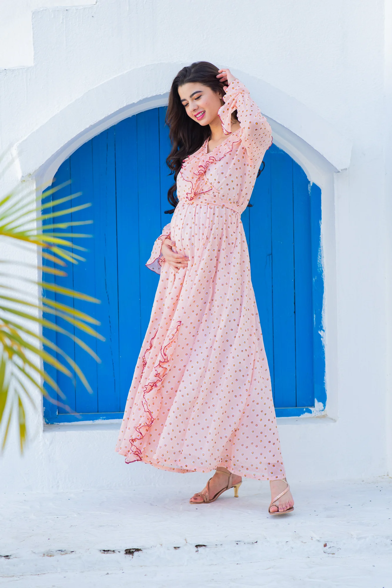 Miami Peach Dotted Maternity Frill Dress - Chenance