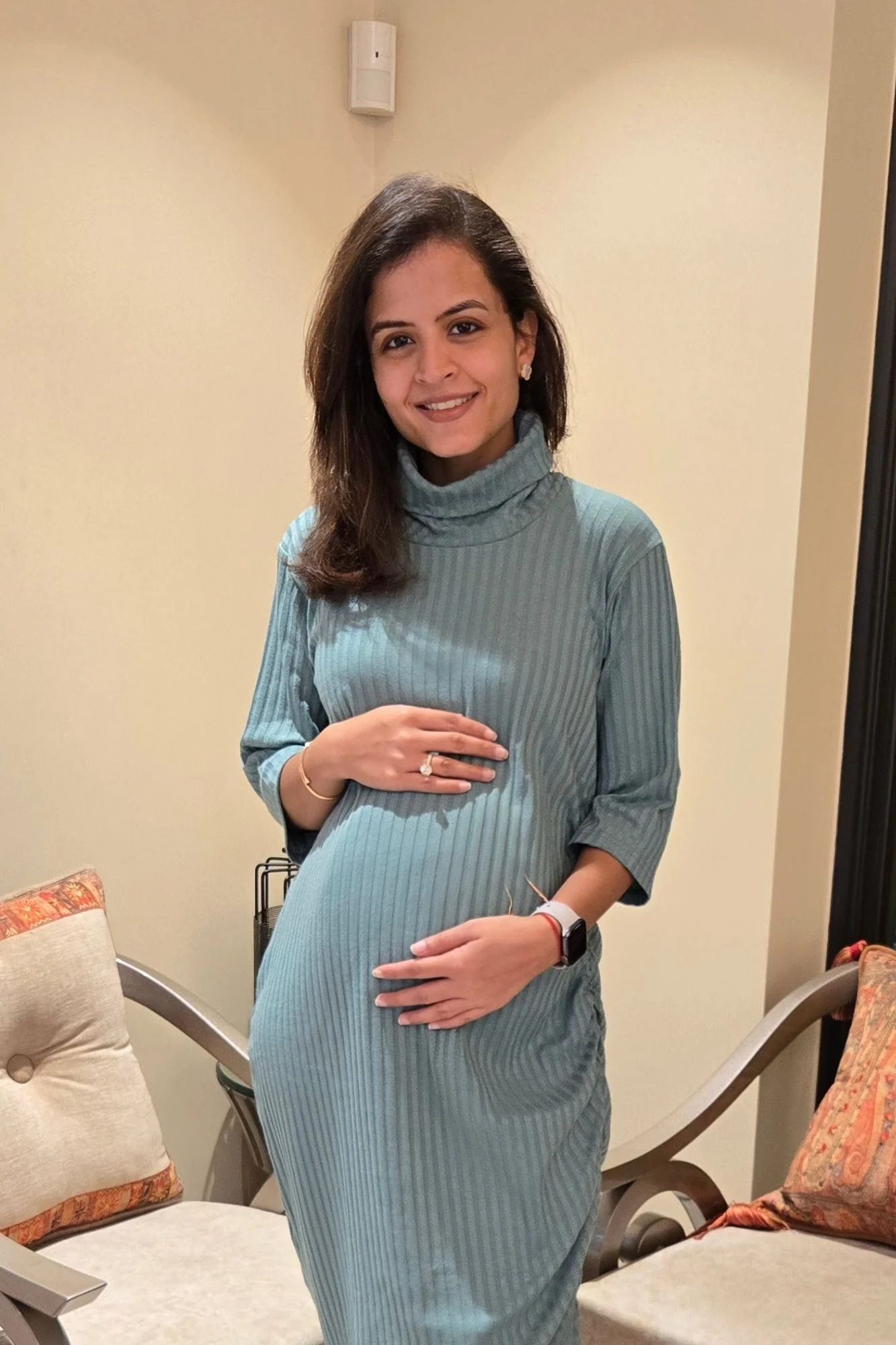 Refined Dusty Teal Ribbed Maternity Fitted Winter Dress - Chenance