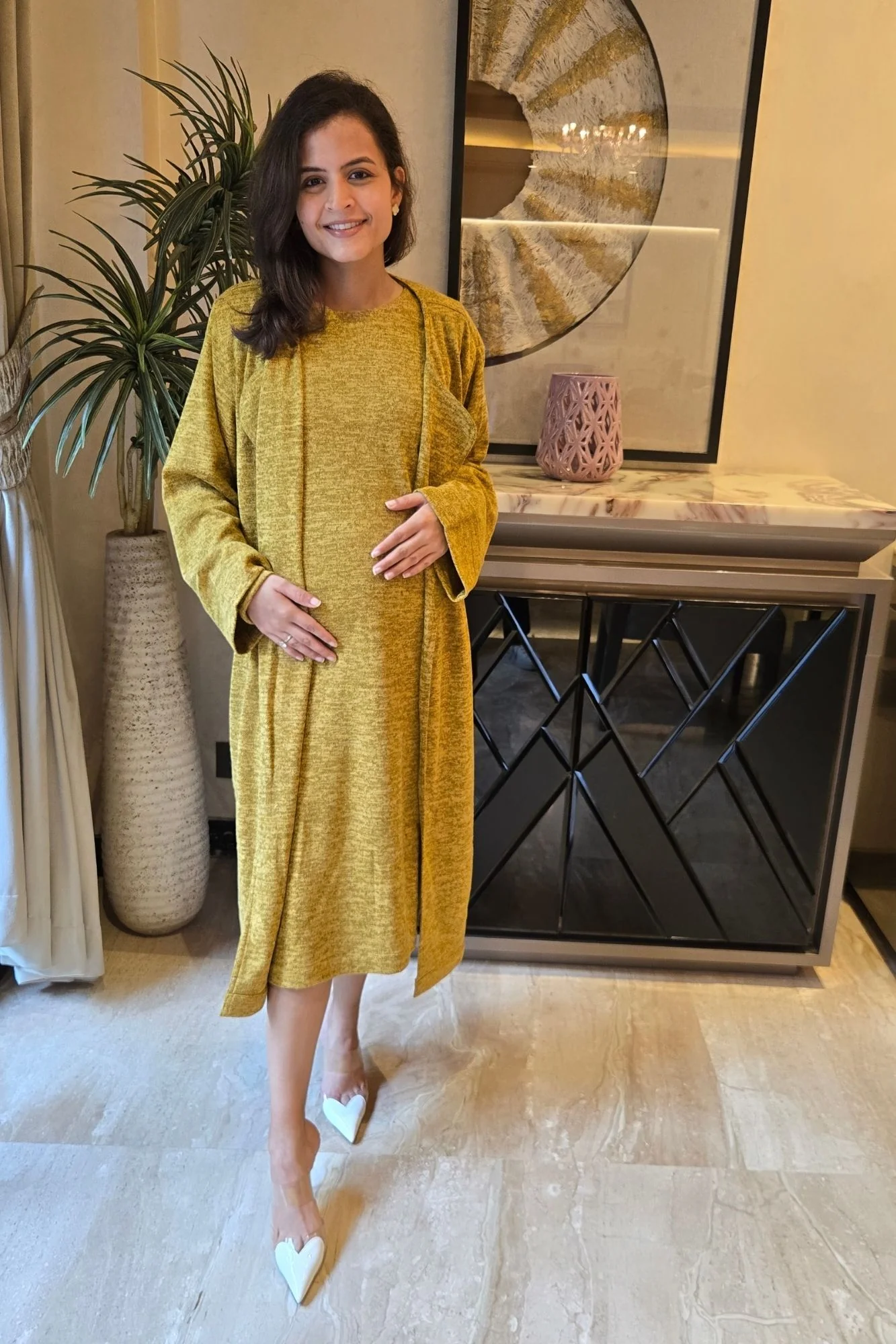 Breezy Mustard Maternity Winter Dress With Cover Up (2pc) - Chenance