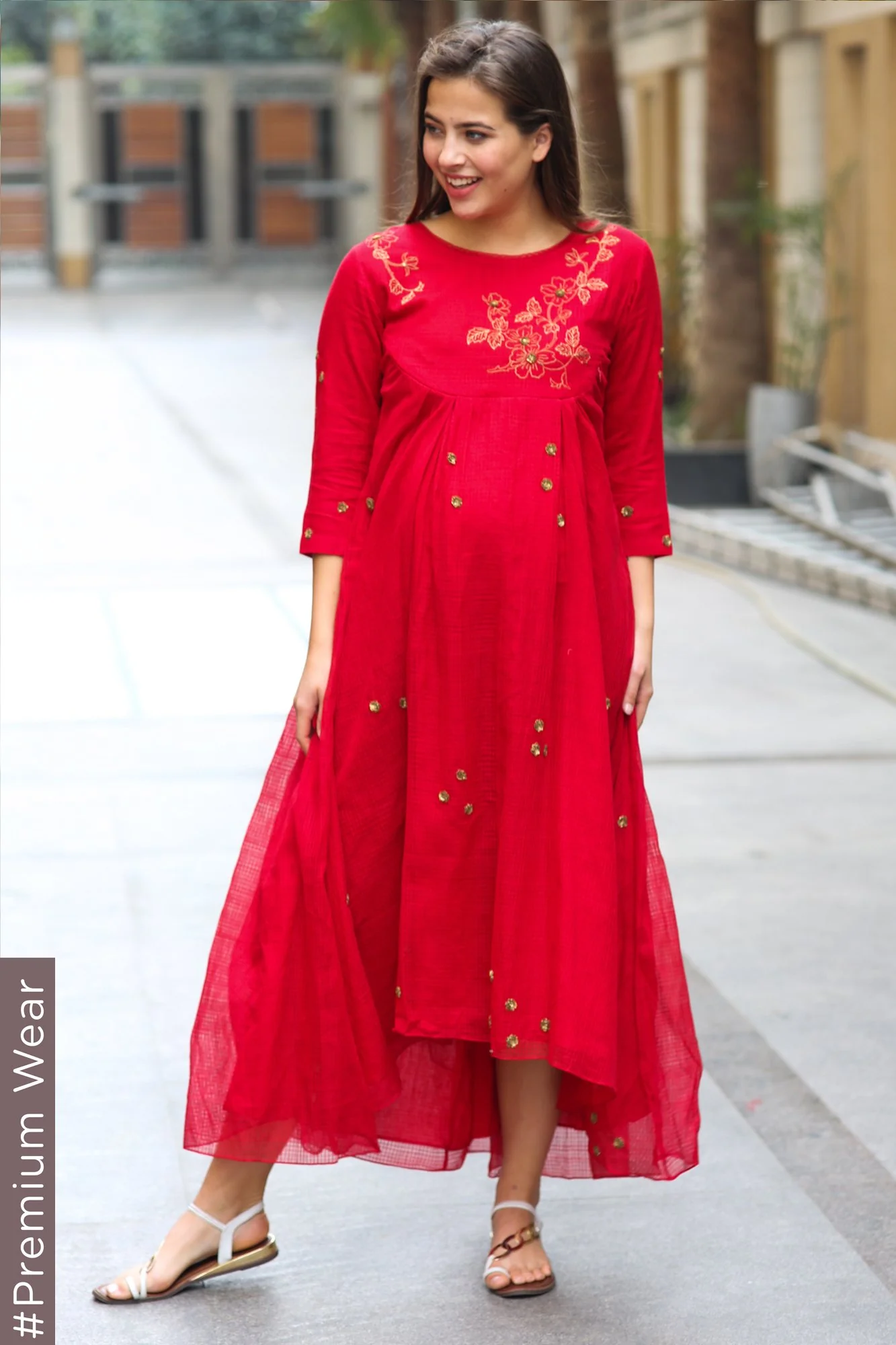 Premium Red Handloom Maternity & Nursing Dress - Chenance
