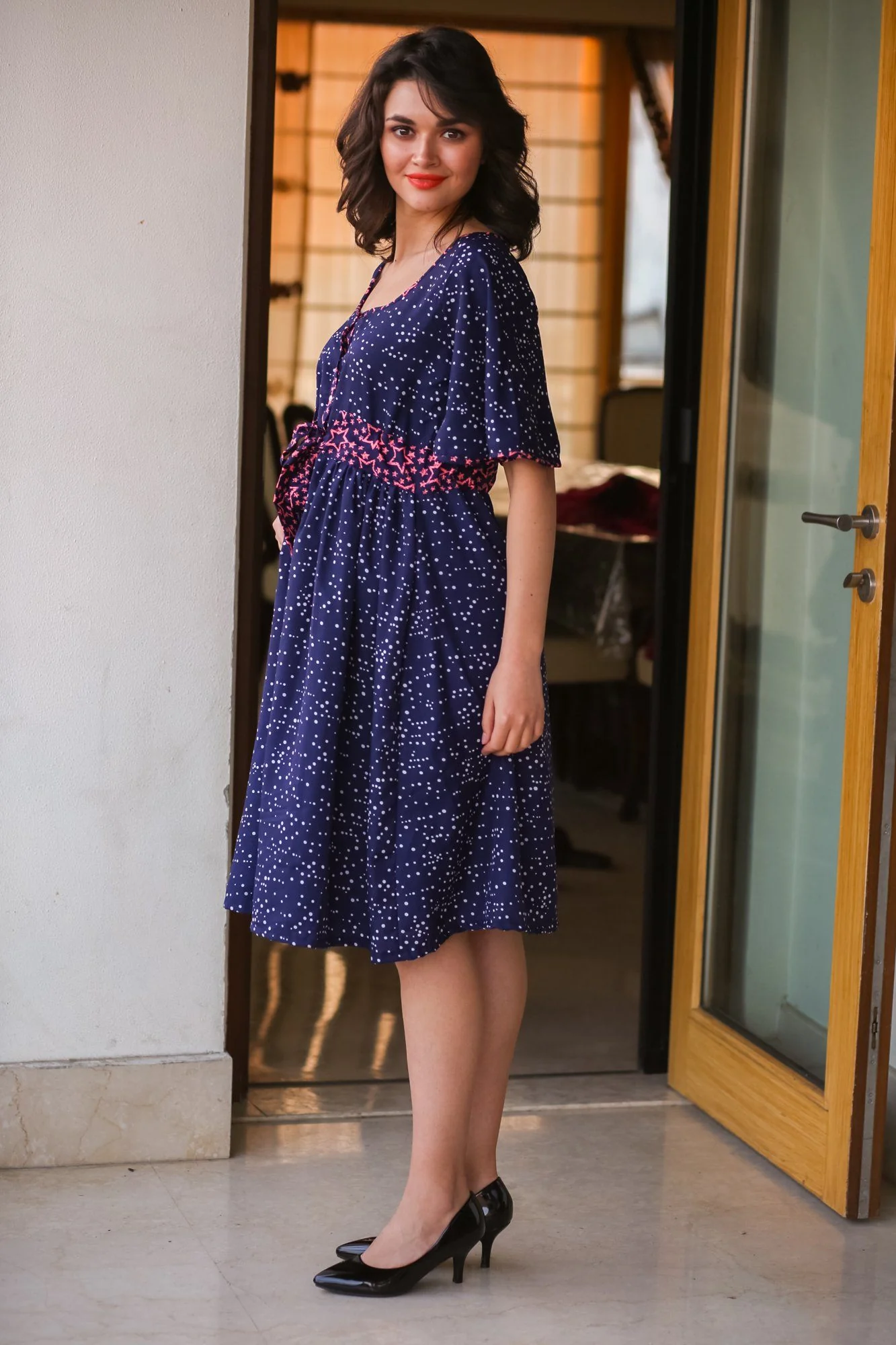 Blue Polka Front Button Maternity & Nursing Crepe Swing Dress - Chenance